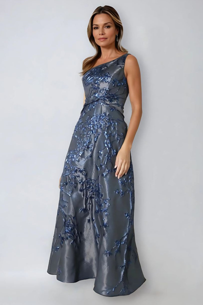 One Shoulder Brocade Metallic Floral A-Line Gown Gown Rene Ruiz Collection