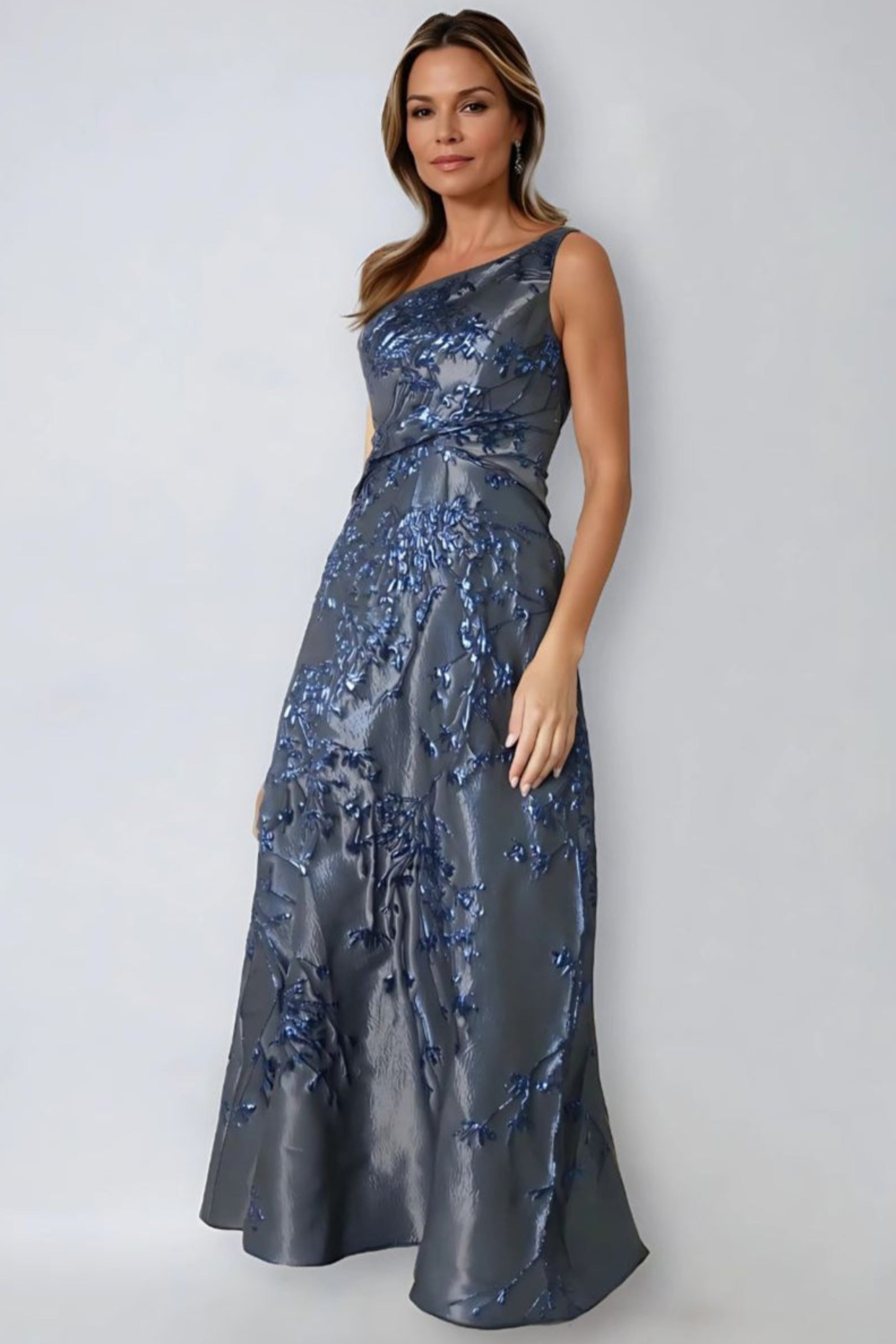 One Shoulder Brocade Metallic Floral A-Line Gown Gown Rene Ruiz Collection