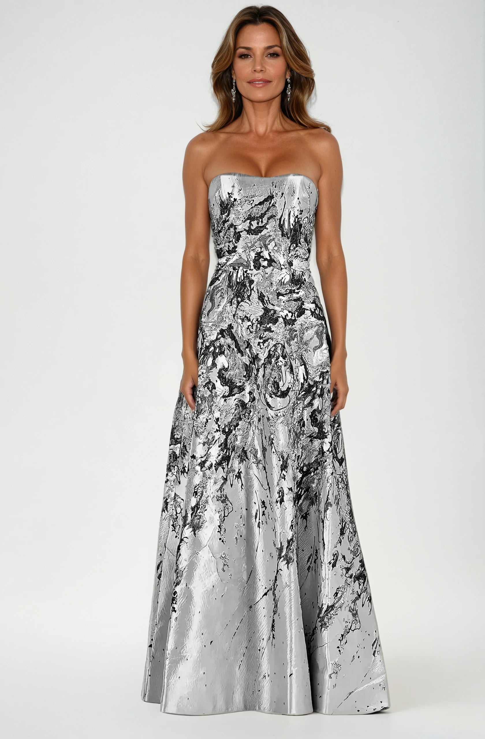 Strapless Boarder Print Brocade A-Line Gown