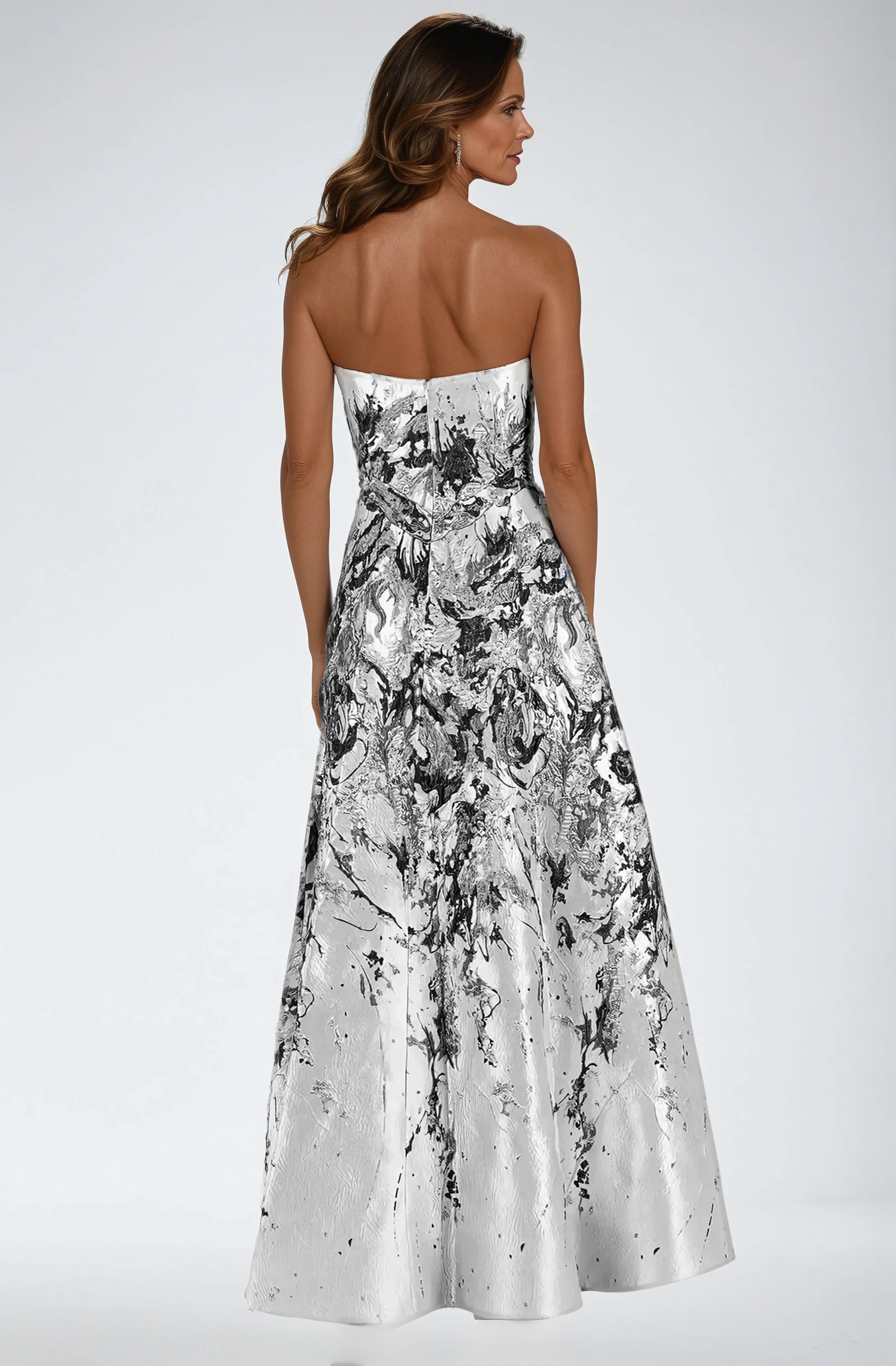 Strapless Boarder Print Brocade A-Line Gown Gown Rene Ruiz Collection