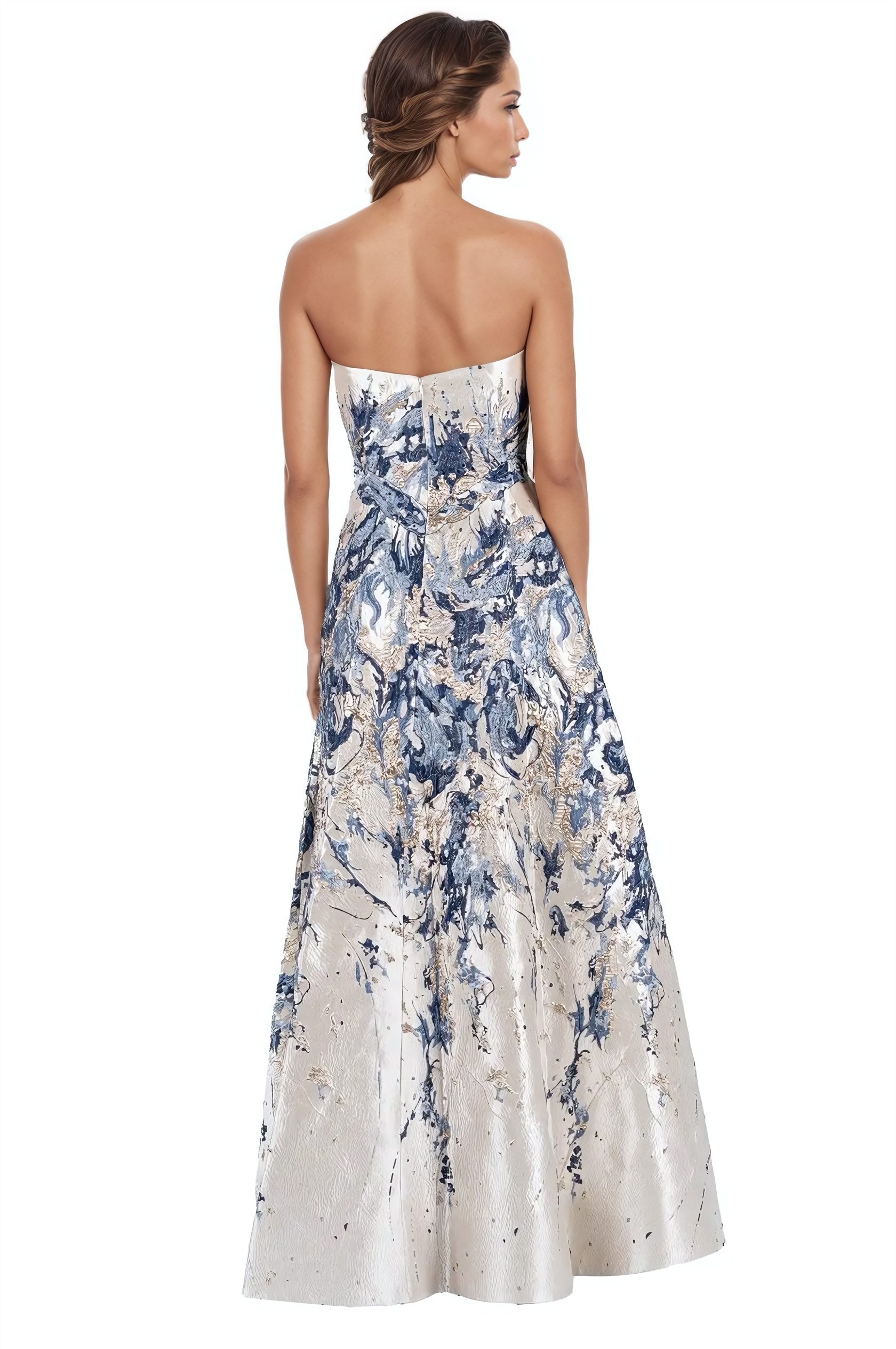 Strapless Boarder Print Brocade A-Line Gown (HALLANDALE STOCK) Gown Rene Ruiz Collection