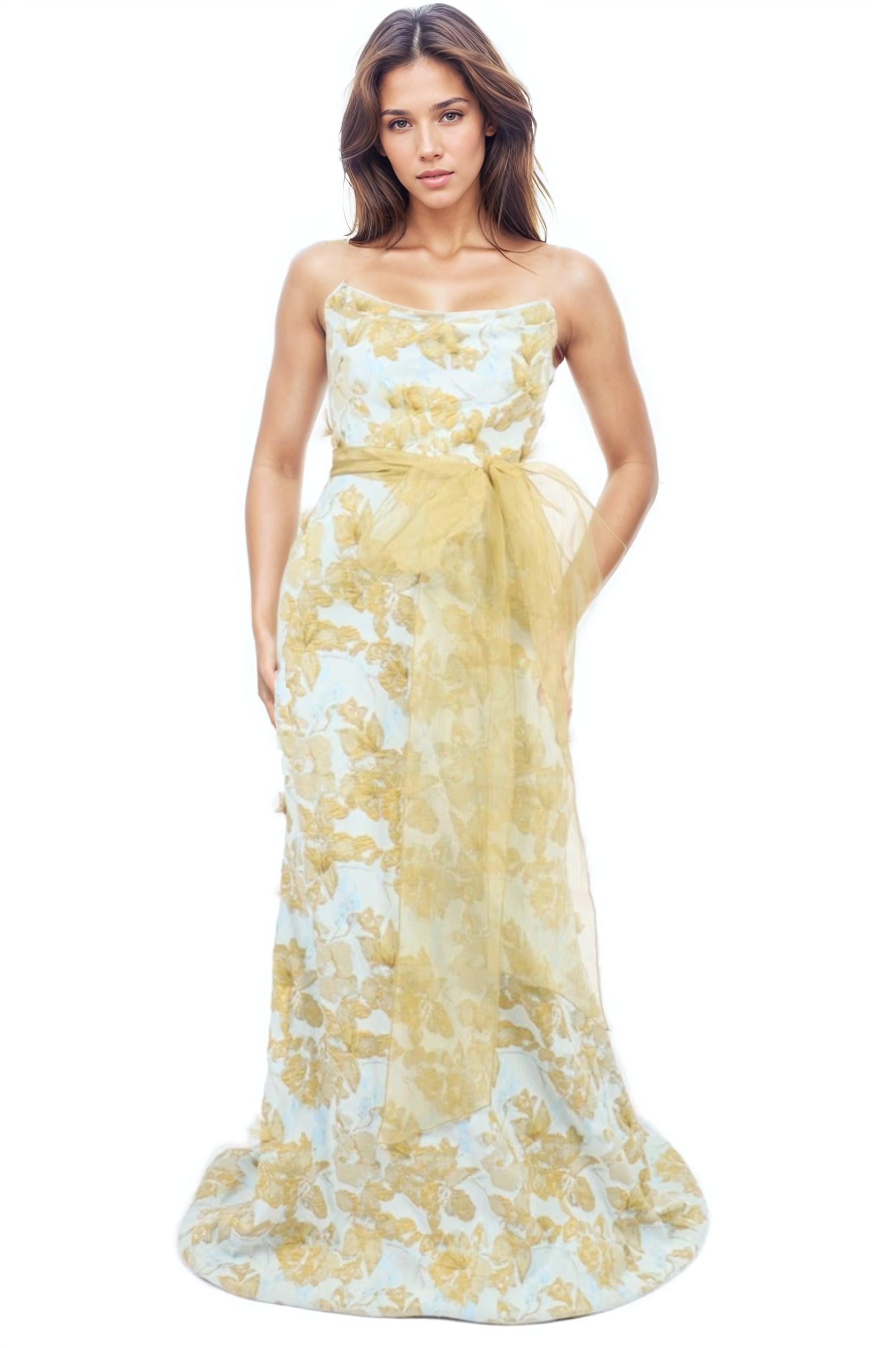 Strapless Brocade Gown with 3D Organza Appliques and Belt Gown Rene Ruiz Collection