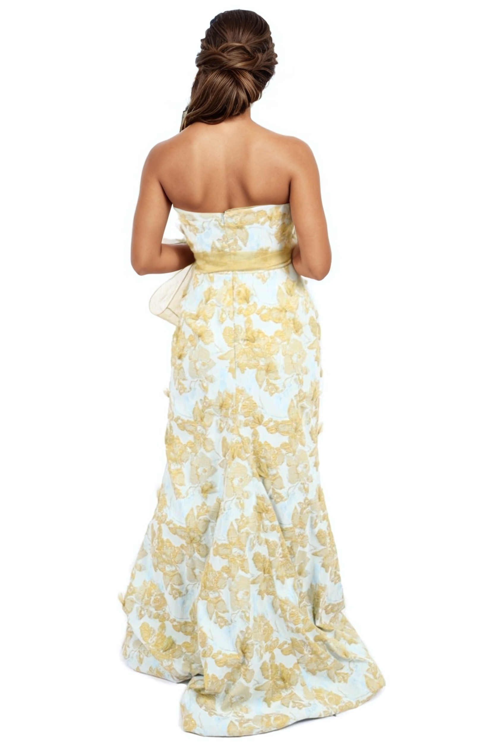 Strapless Brocade Gown with 3D Organza Appliques and Belt Gown Rene Ruiz Collection