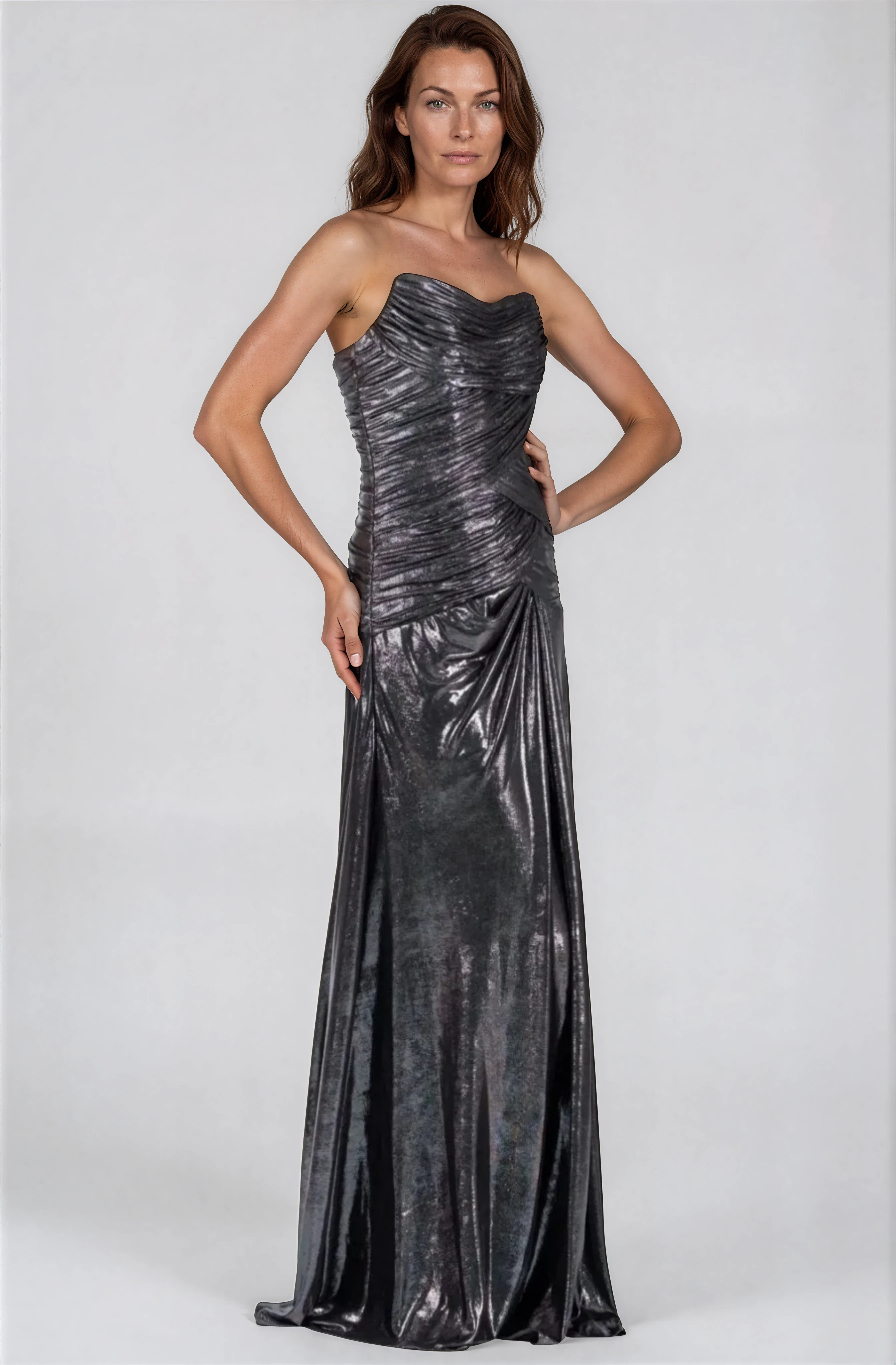 Strapless Hand Draped Metallic Stretch Gown Gown Rene Ruiz Collection