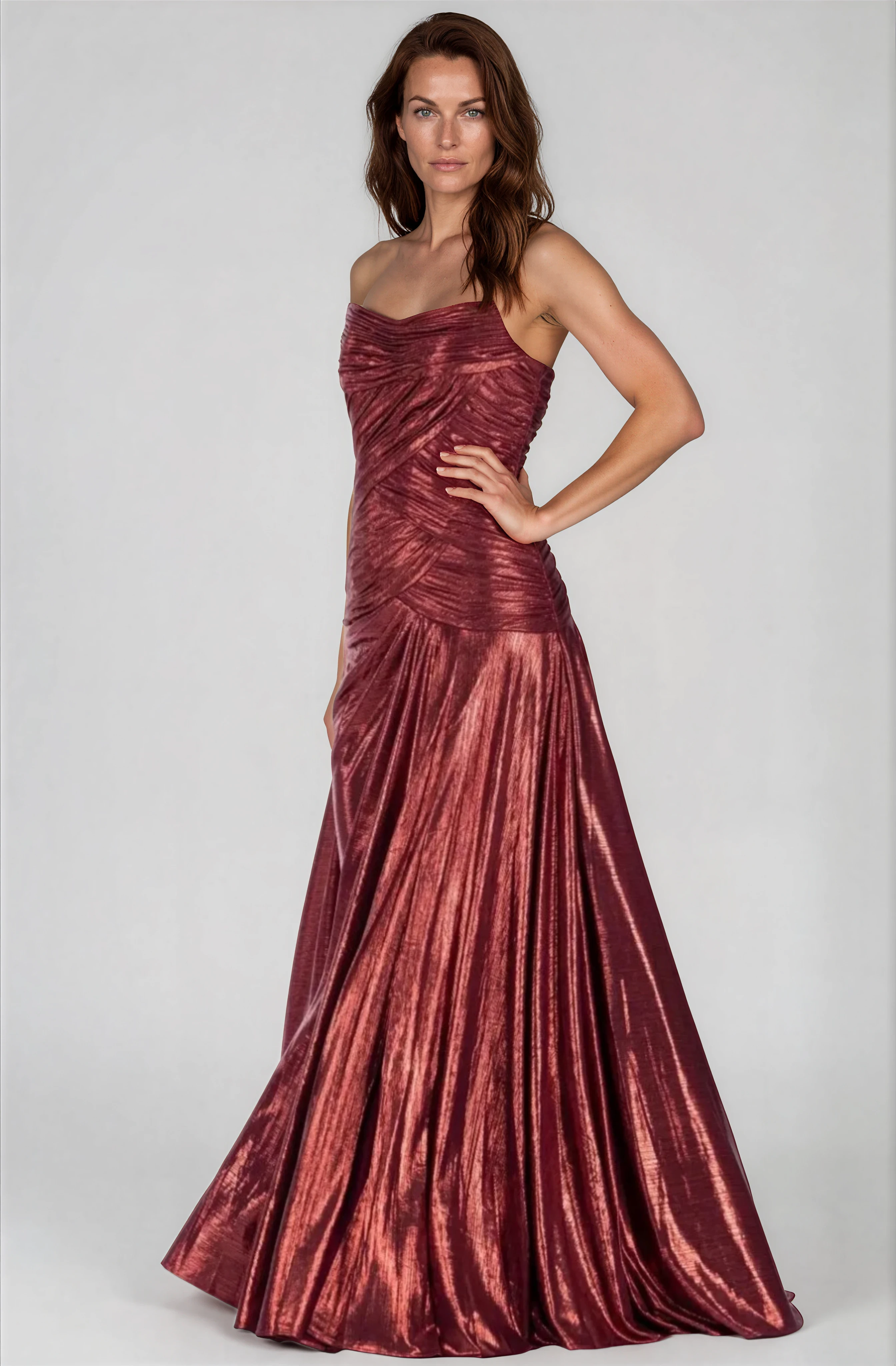 Strapless Hand Draped Metallic Stretch Gown Gown Rene Ruiz Collection