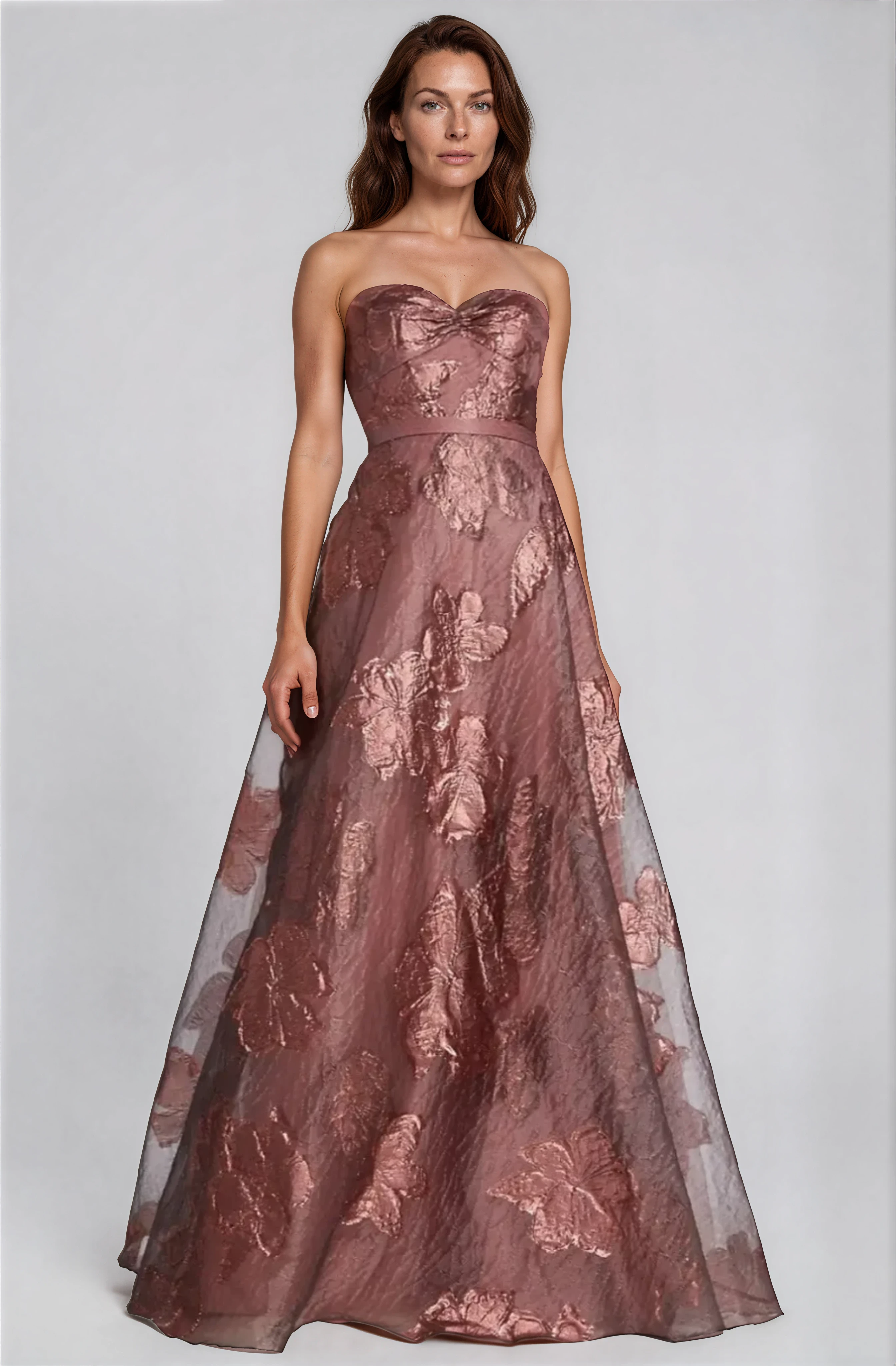 Strapless Metallic Floral Fil Coupe Gown Gown Rene Ruiz Collection
