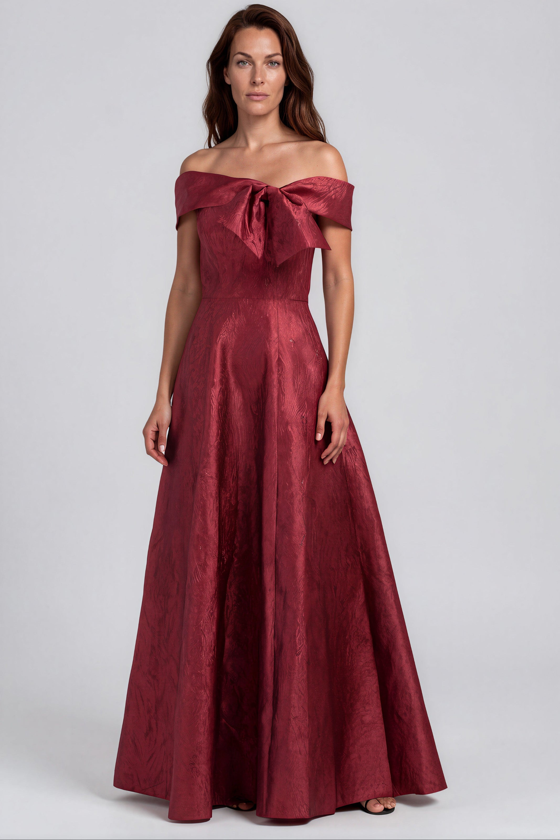 Off The Shoulder Jacquard A-Line Gown with Statement Bow Gown Rene Ruiz Collection