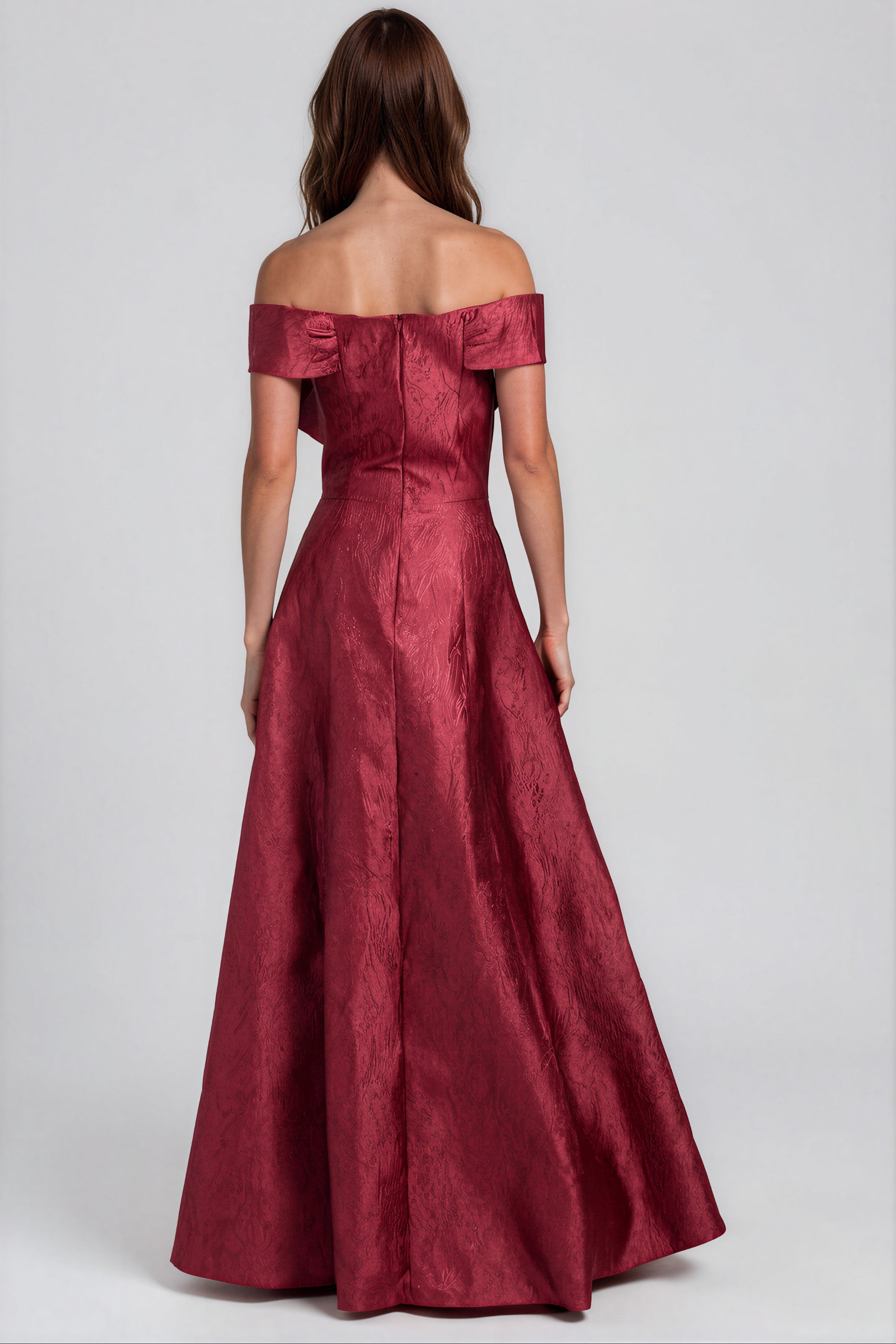 Off The Shoulder Jacquard A-Line Gown with Statement Bow Gown Rene Ruiz Collection