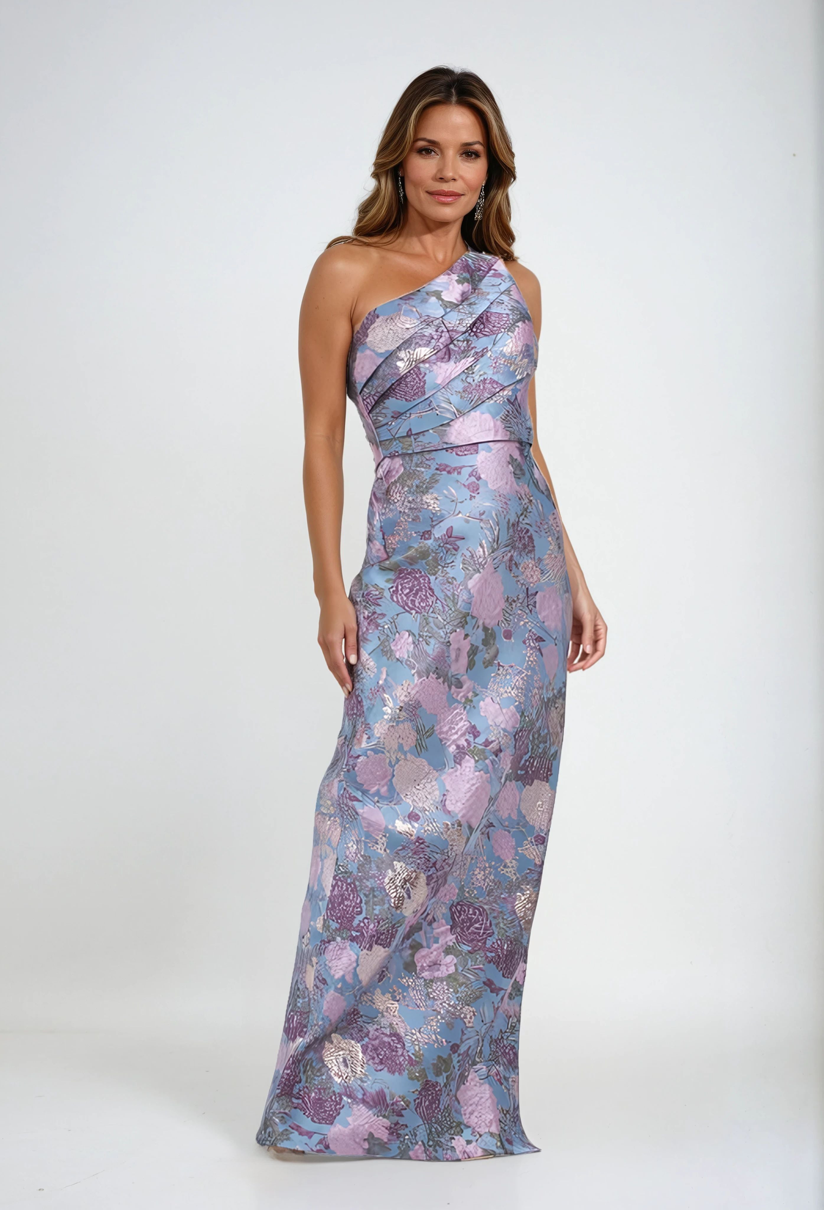 One Shoulder Pleated Brocade Column Gown Gown Rene Ruiz Collection