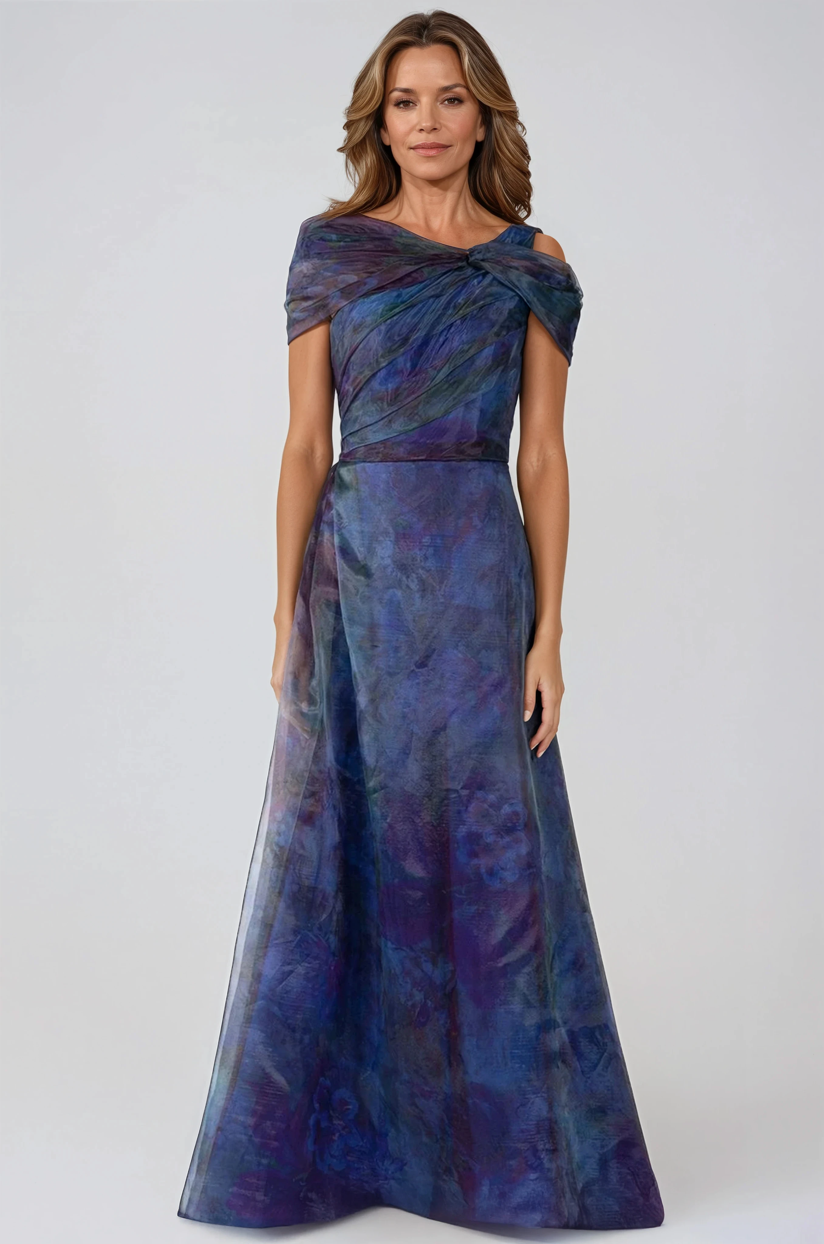 Twisted Off The Shoulder Organza Gown Gown Rene Ruiz Collection Dark Floral Multi