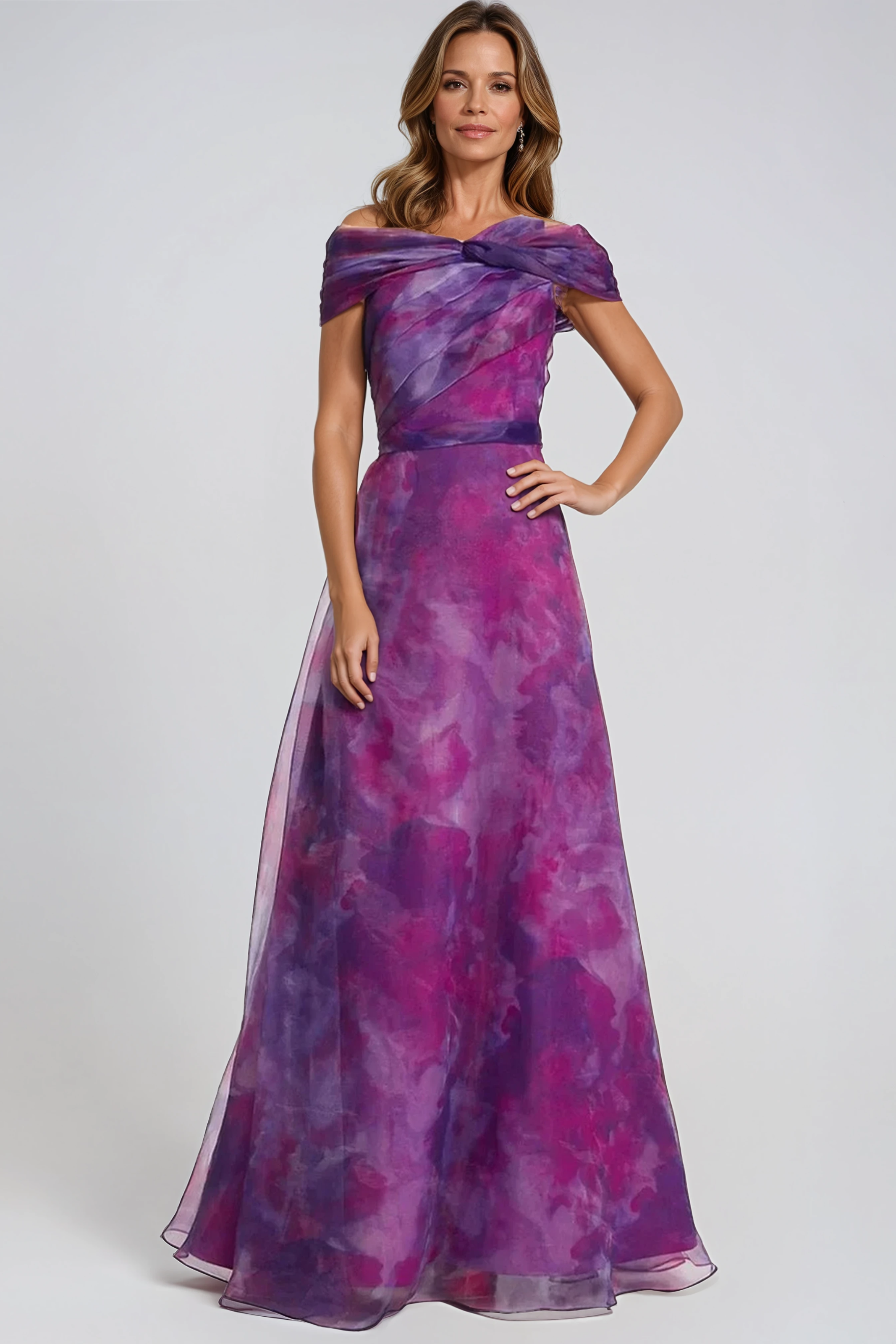 Twisted Off The Shoulder Organza Gown Gown Rene Ruiz Collection Purple Multi