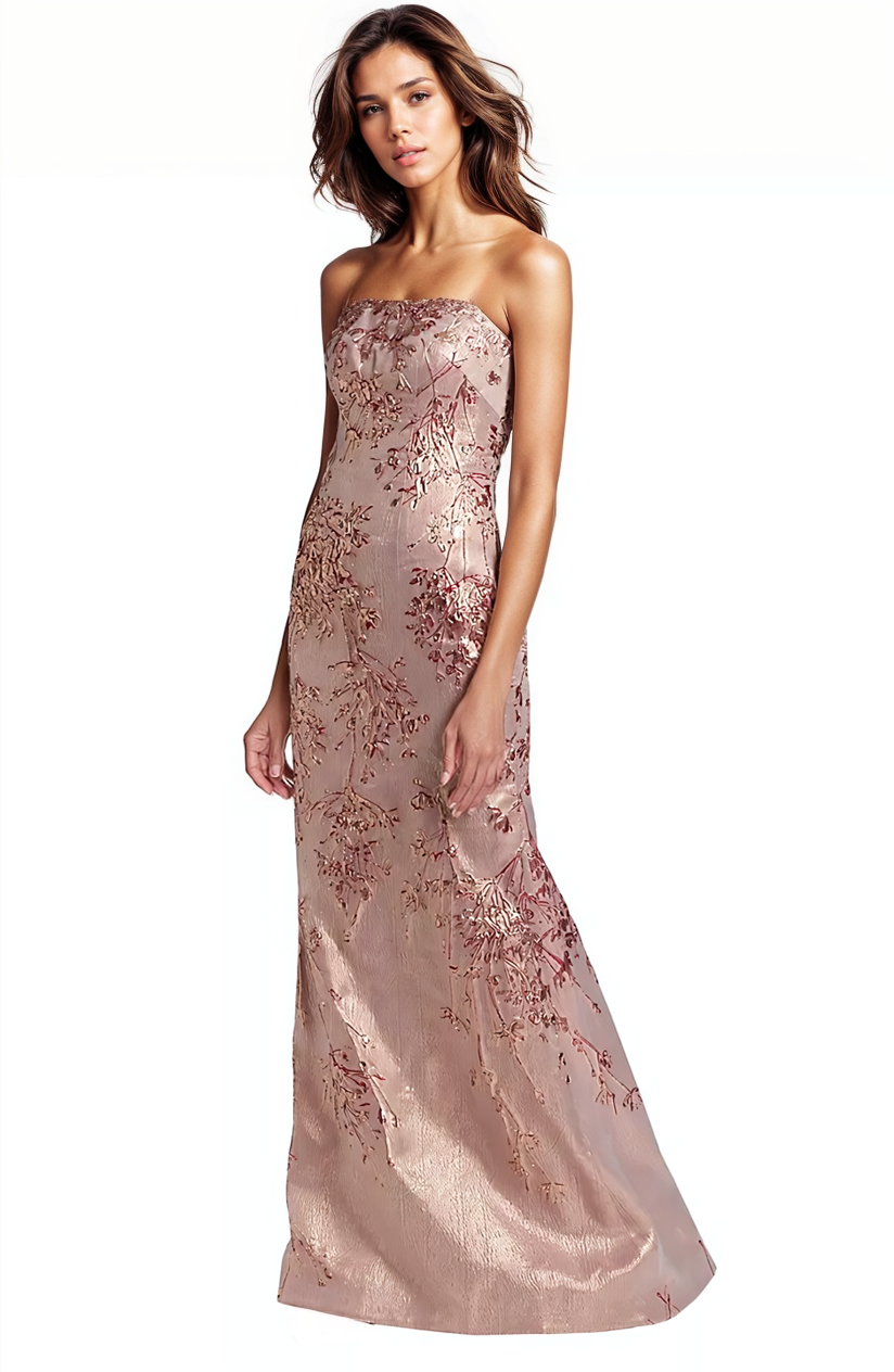 Strapless Fit and Flare Brocade Gown Gown Rene Ruiz Collection