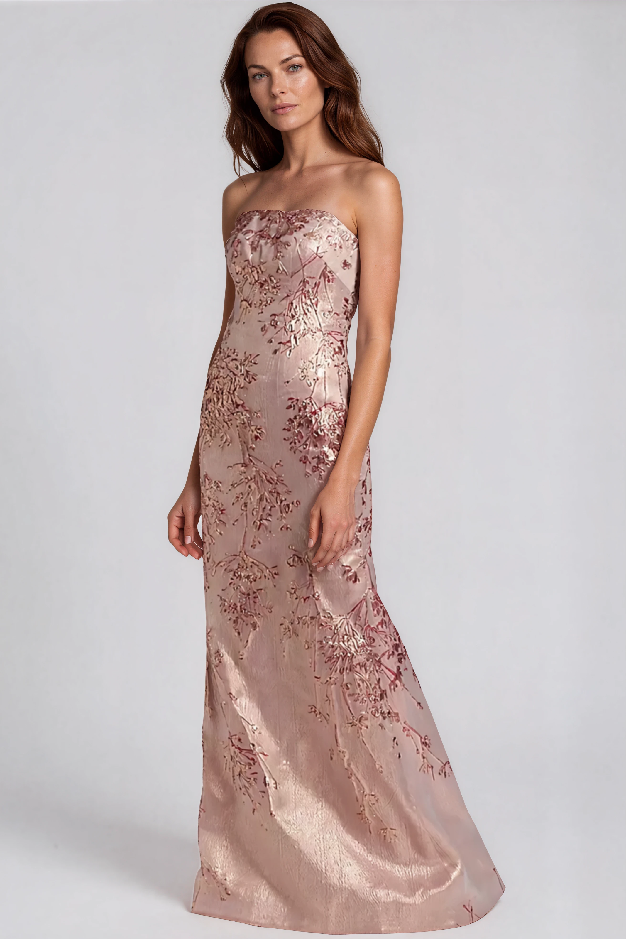 Strapless Fit and Flare Brocade Gown Rene Ruiz Collection Pink