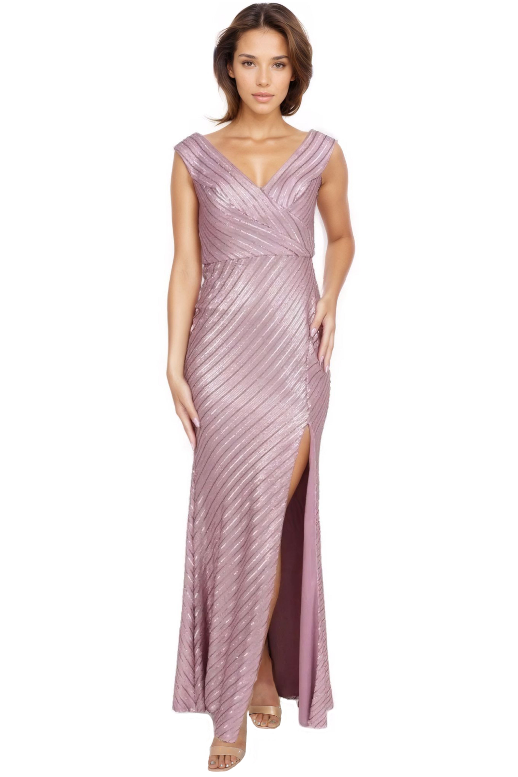 V-Neck Sequin Gown Gown Rene Ruiz Collection 2 Pink