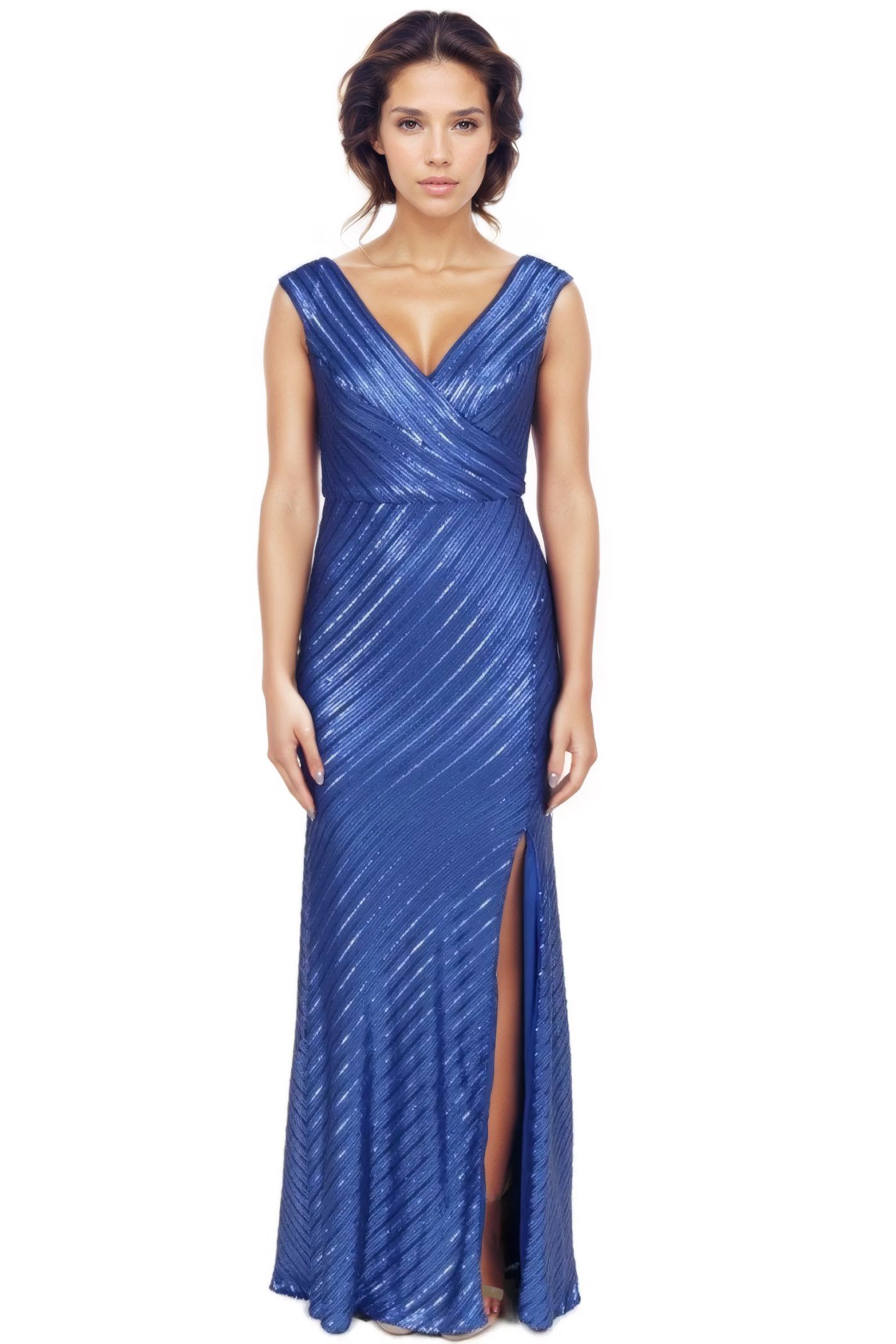 V-Neck Sequin Gown Gown Rene Ruiz Collection 2 Blue