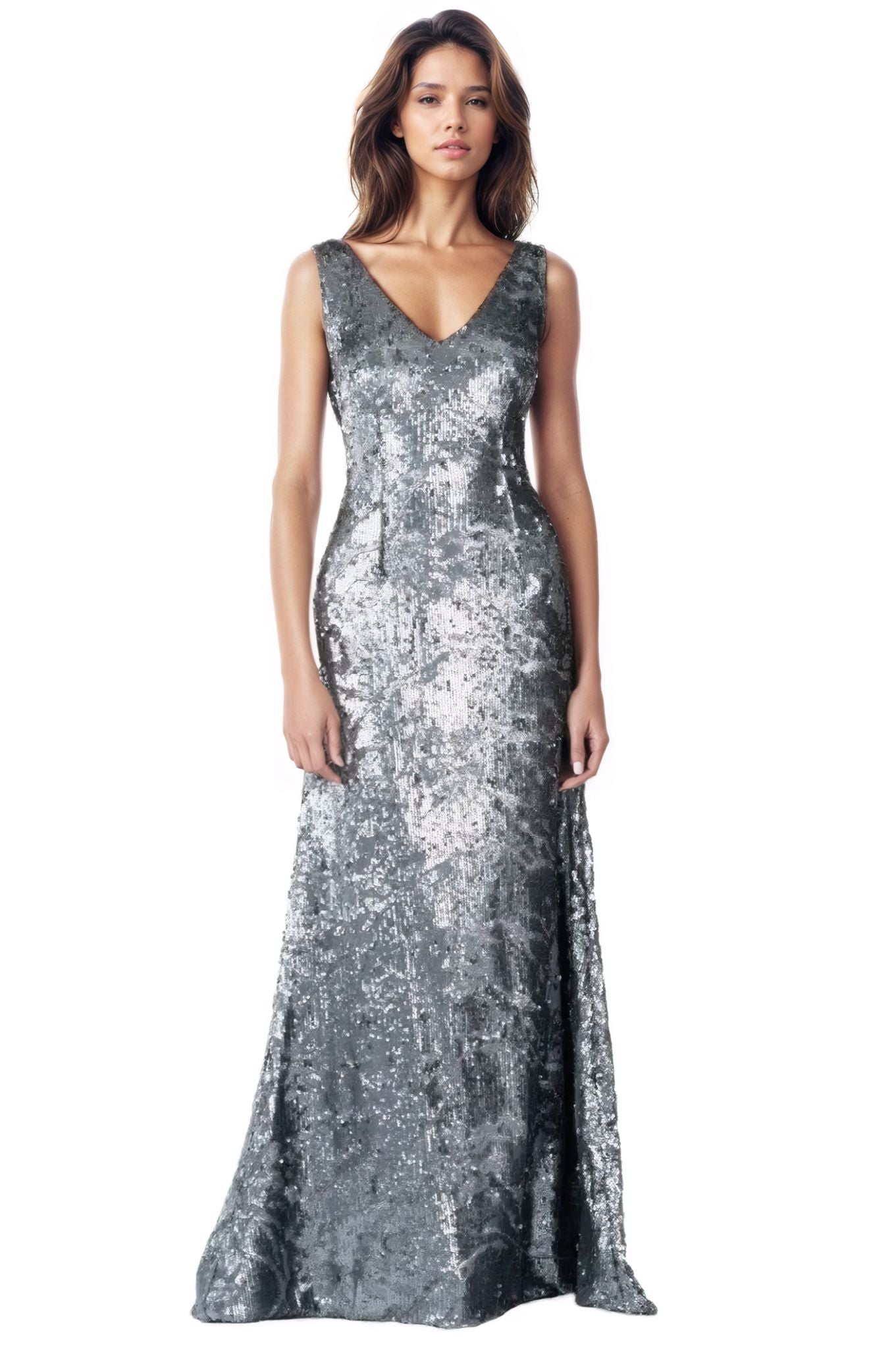 V-Neck Sequin Gown Gown Rene Ruiz Collection 2 Silver