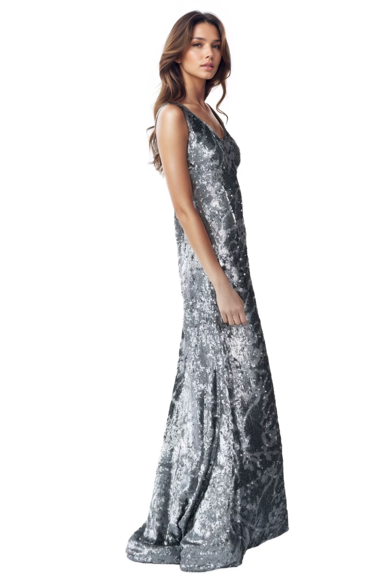 V-Neck Sequin Gown Gown Rene Ruiz Collection