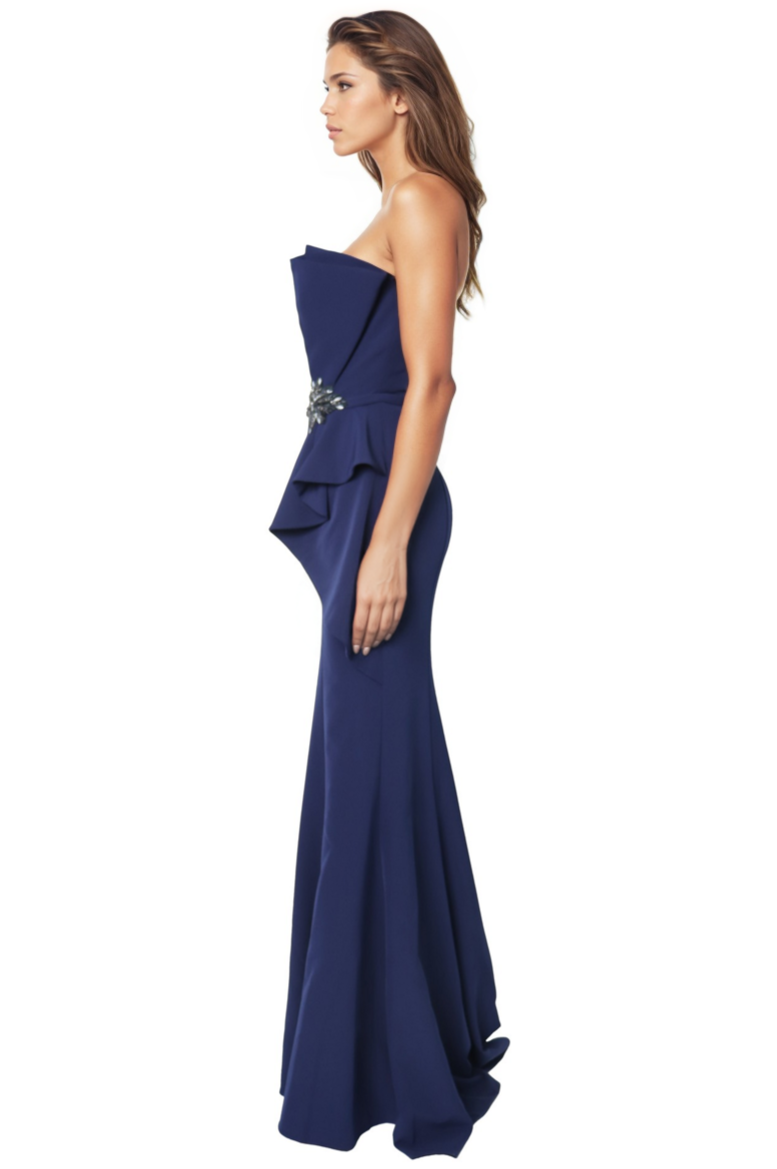 Strapless Ruffle Bow Column Gown Gown Rene Ruiz Collection