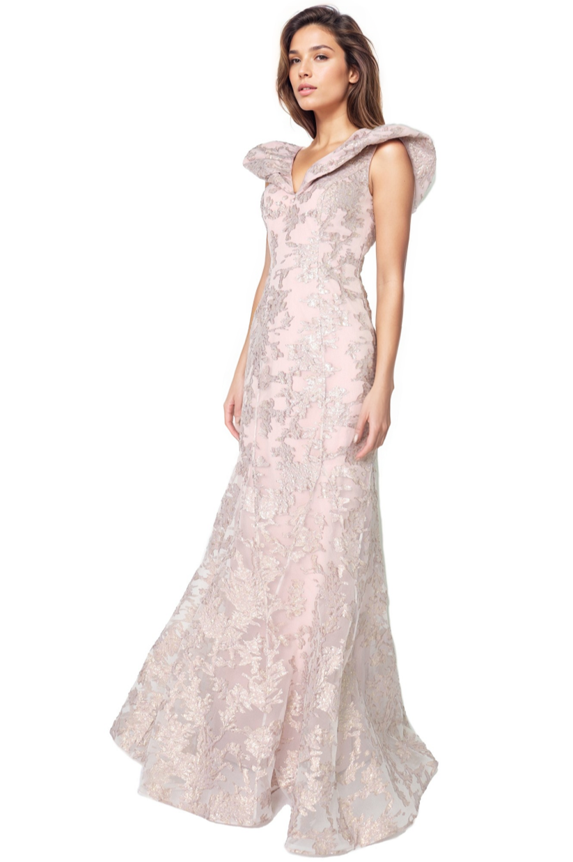 Puff Collar V Neck Brocade Fit and Flare Gown Gown Rene Ruiz Collection