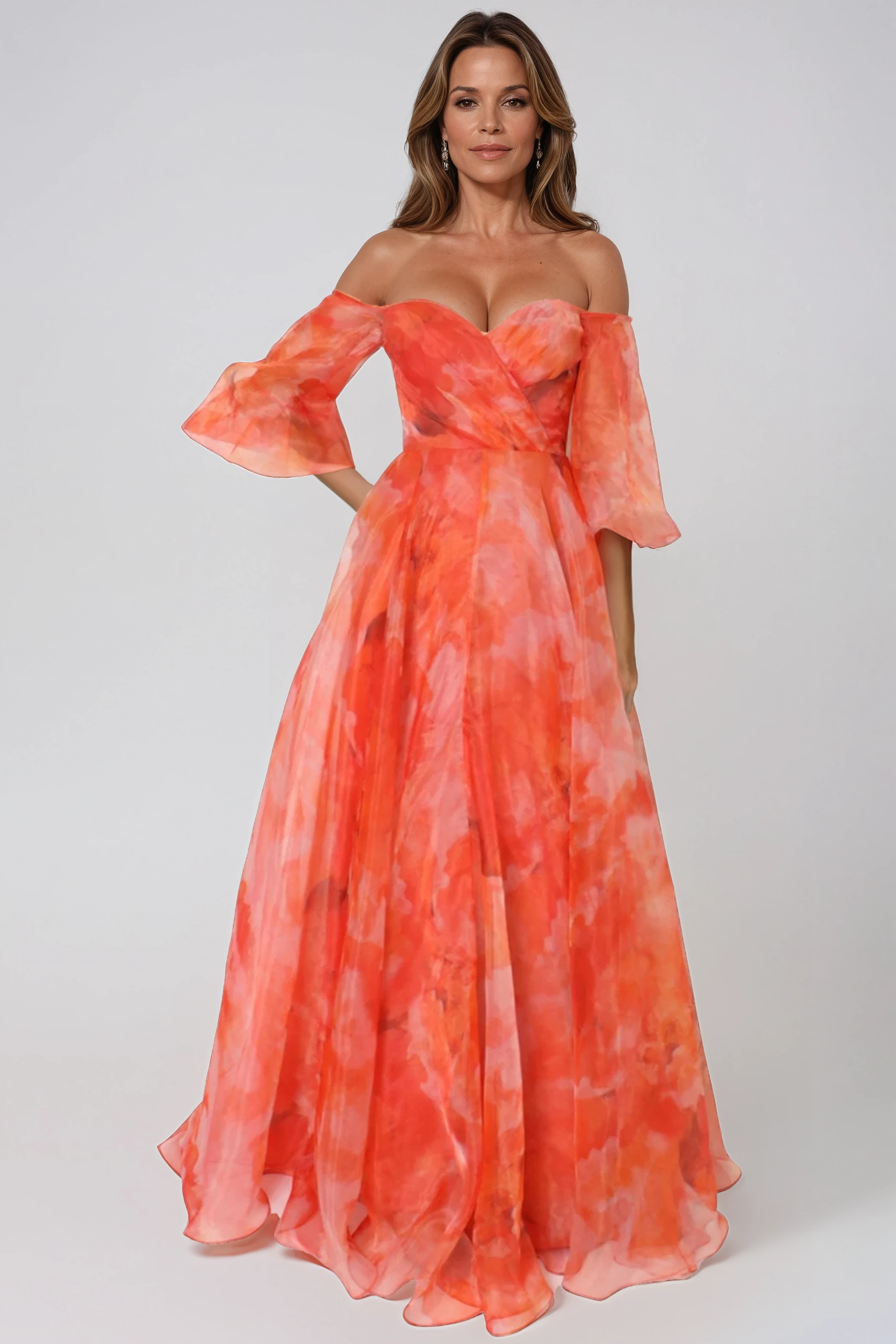 3/4 Puff Sleeve Organza Gown Gown Rene Ruiz Collection