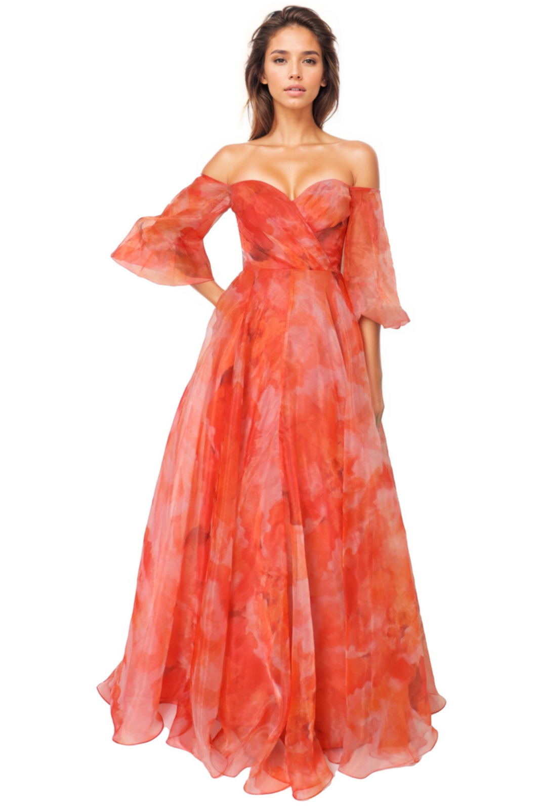 3/4 Puff Sleeve Organza Gown Gown Rene Ruiz Collection