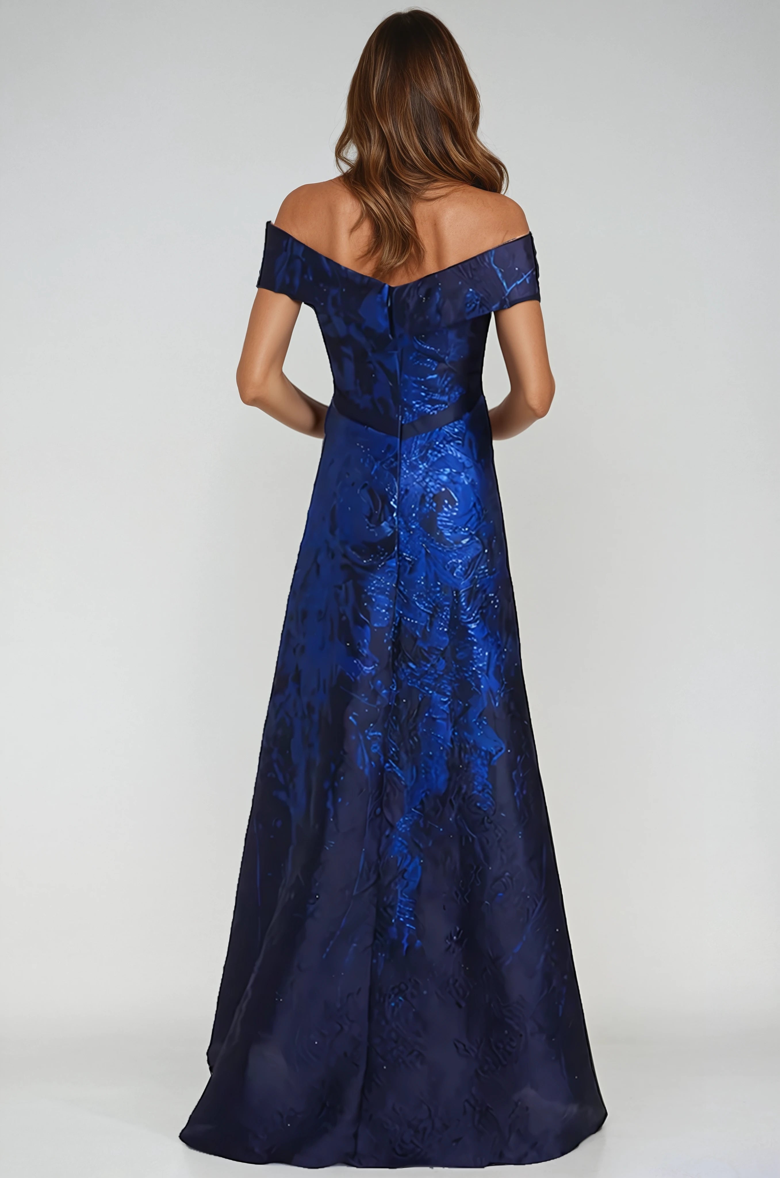 Off the Shoulder Brocade A-line Gown Gown Rene Ruiz Collection