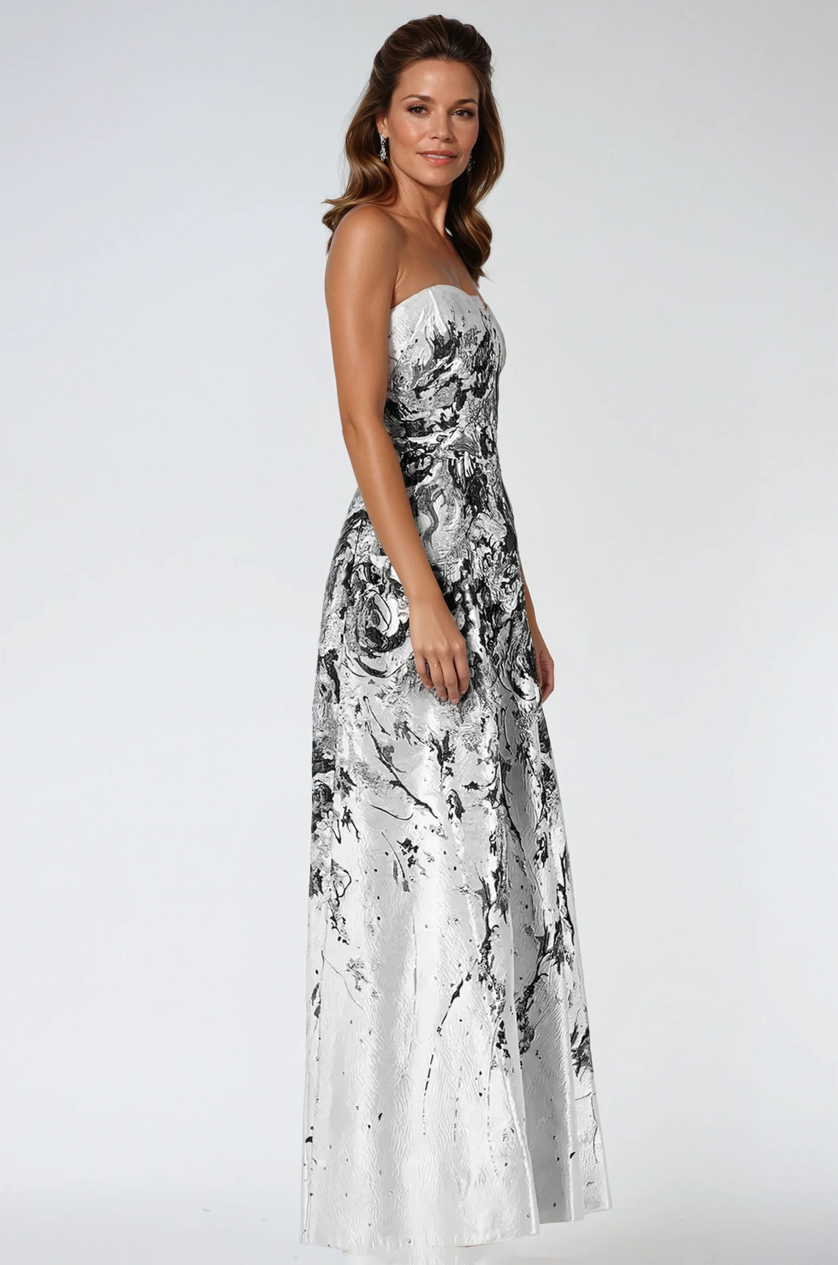 Strapless Boarder Print Brocade A-Line Gown Gown Rene Ruiz Collection