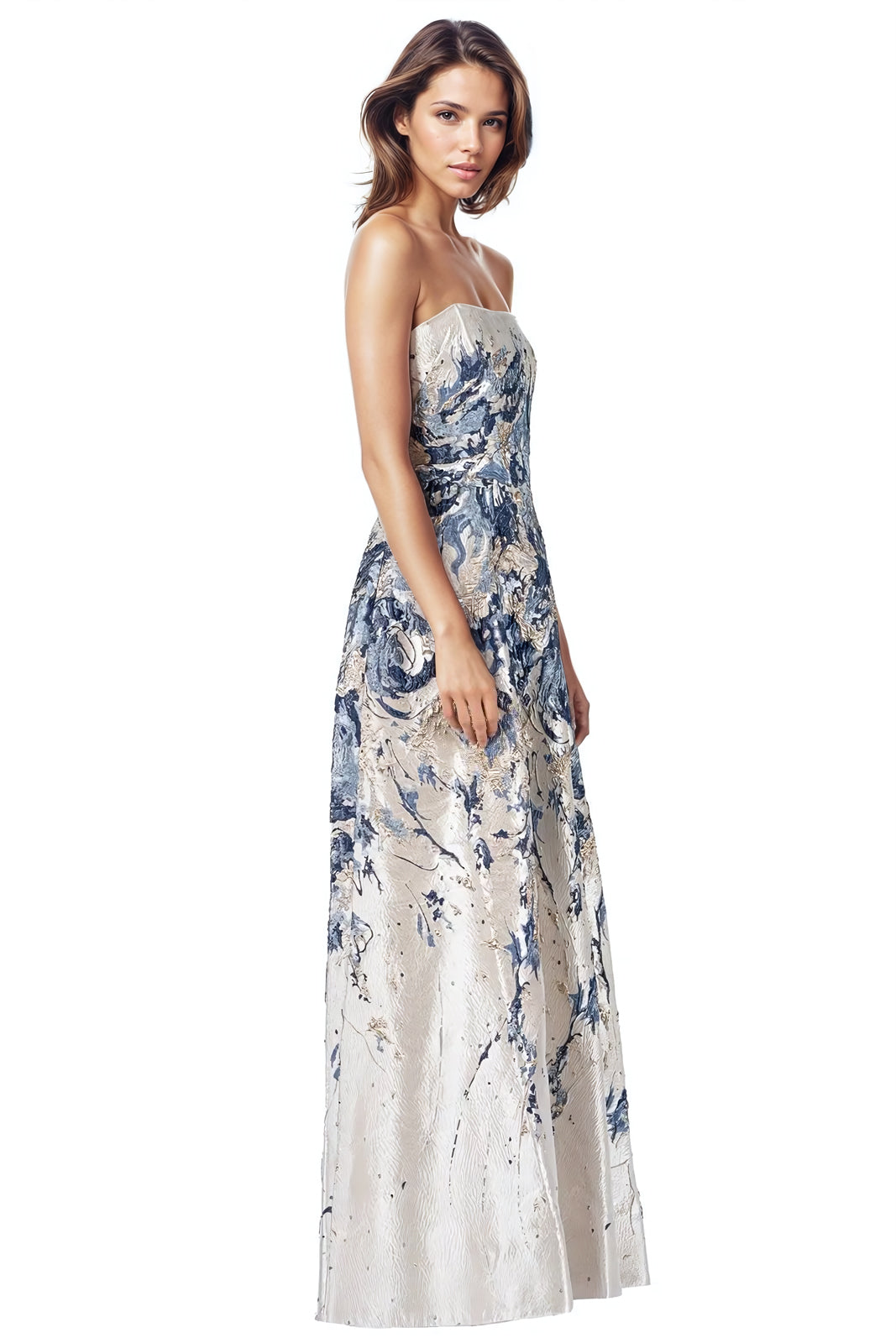Strapless Boarder Print Brocade A-Line Gown (HALLANDALE STOCK) Gown Rene Ruiz Collection