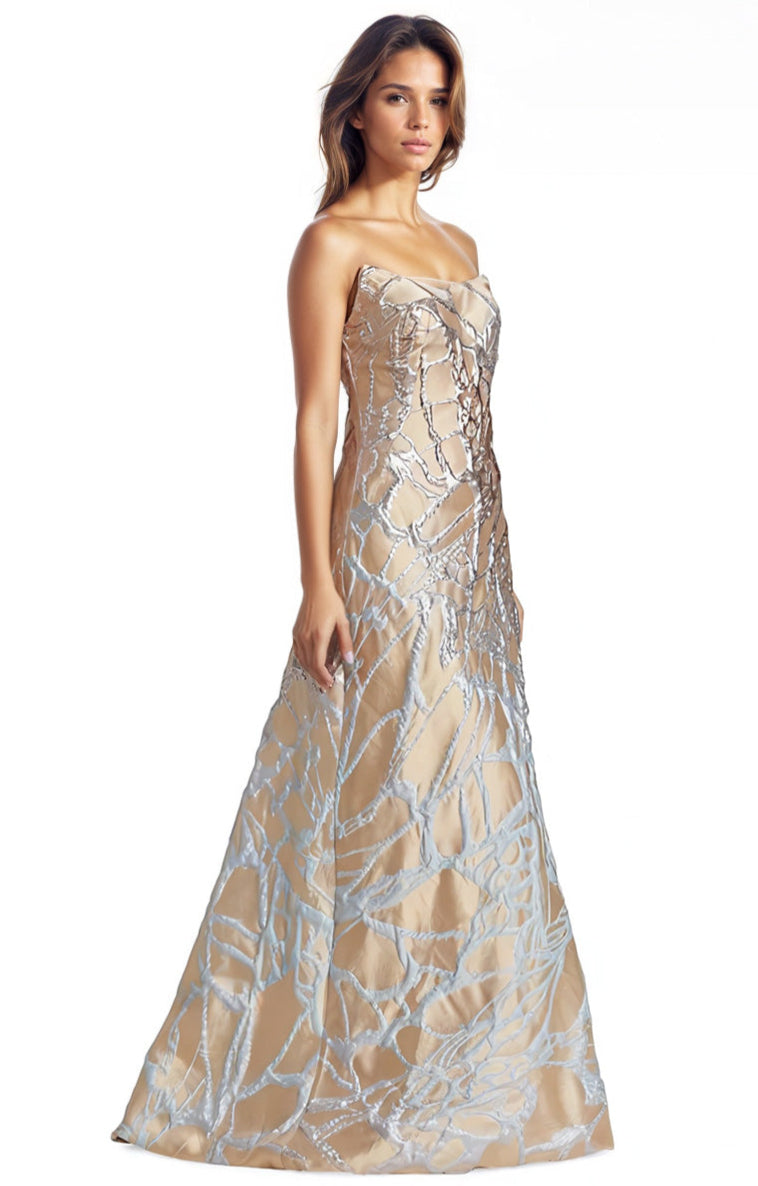 Strapless Abstract Metallic Jacquard Gown Gown Rene Ruiz Collection