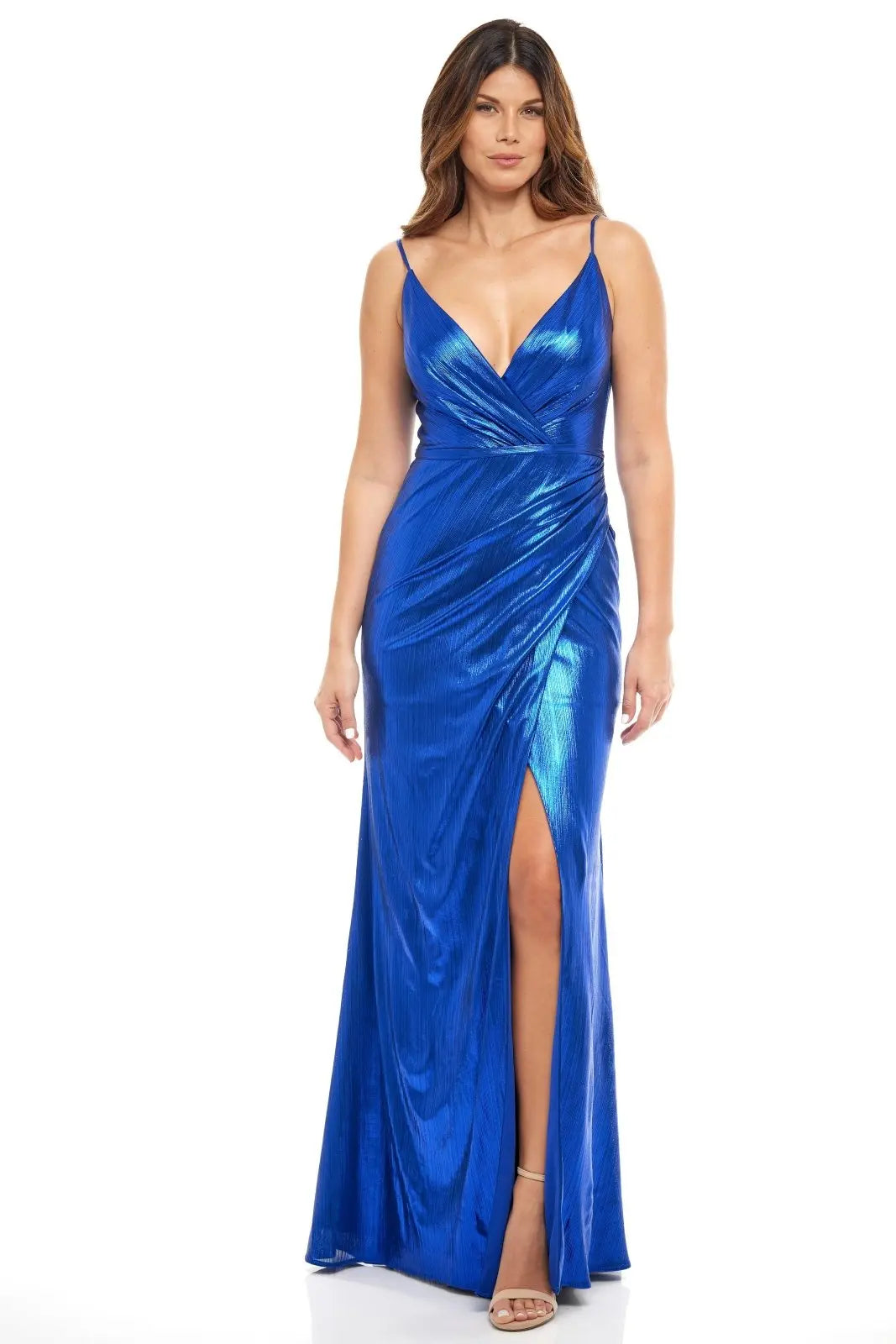 Metallic Stretch Spaghetti Strap Gown Gown Rene Ruiz Collection 2 Cobalt