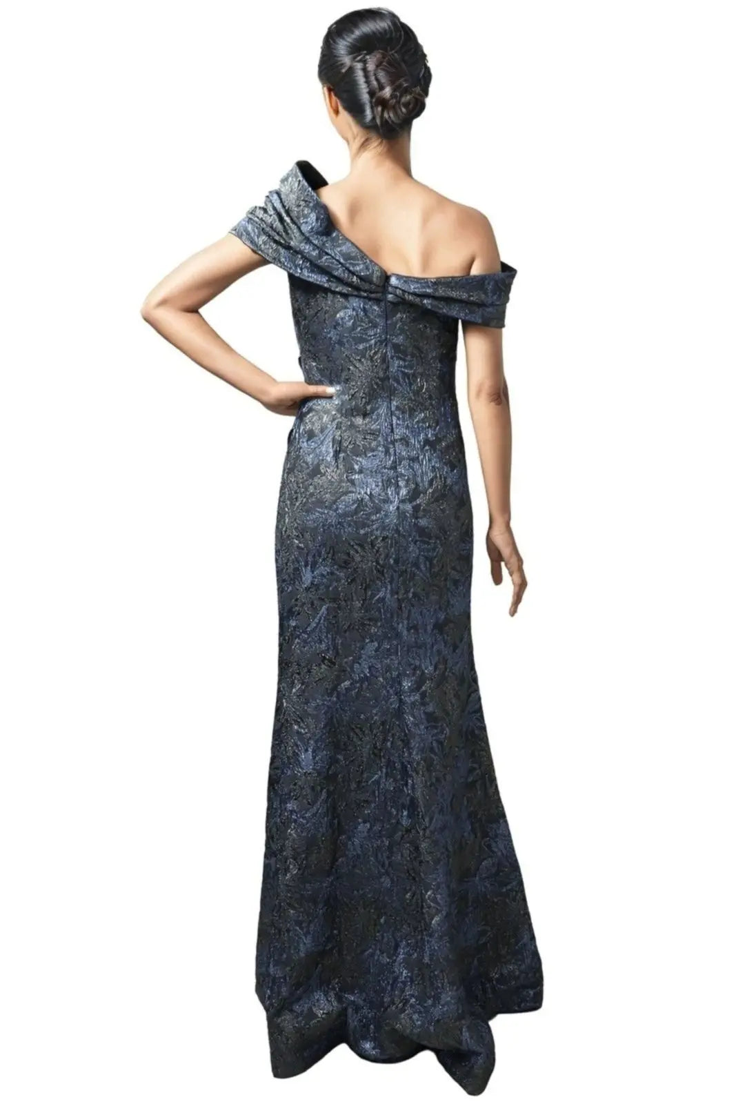 Asymmetrical Off The Shoulder Jacquard Gown Gown Rene Ruiz Collection