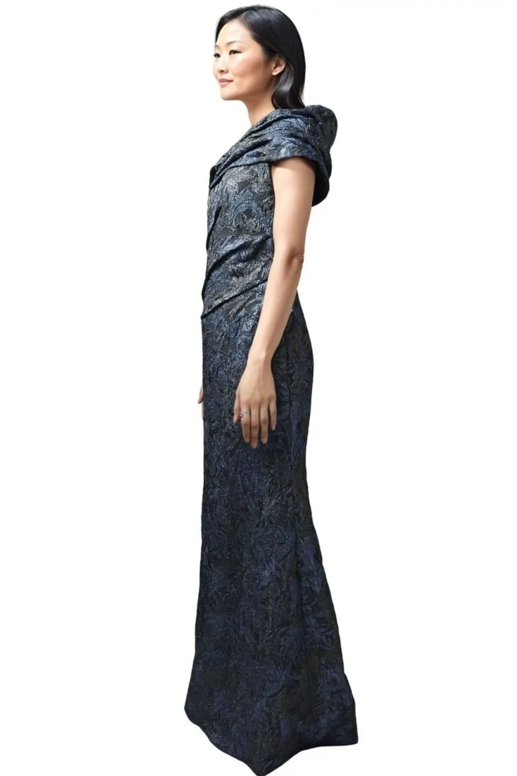 Asymmetrical Off The Shoulder Jacquard Gown Gown Rene Ruiz Collection