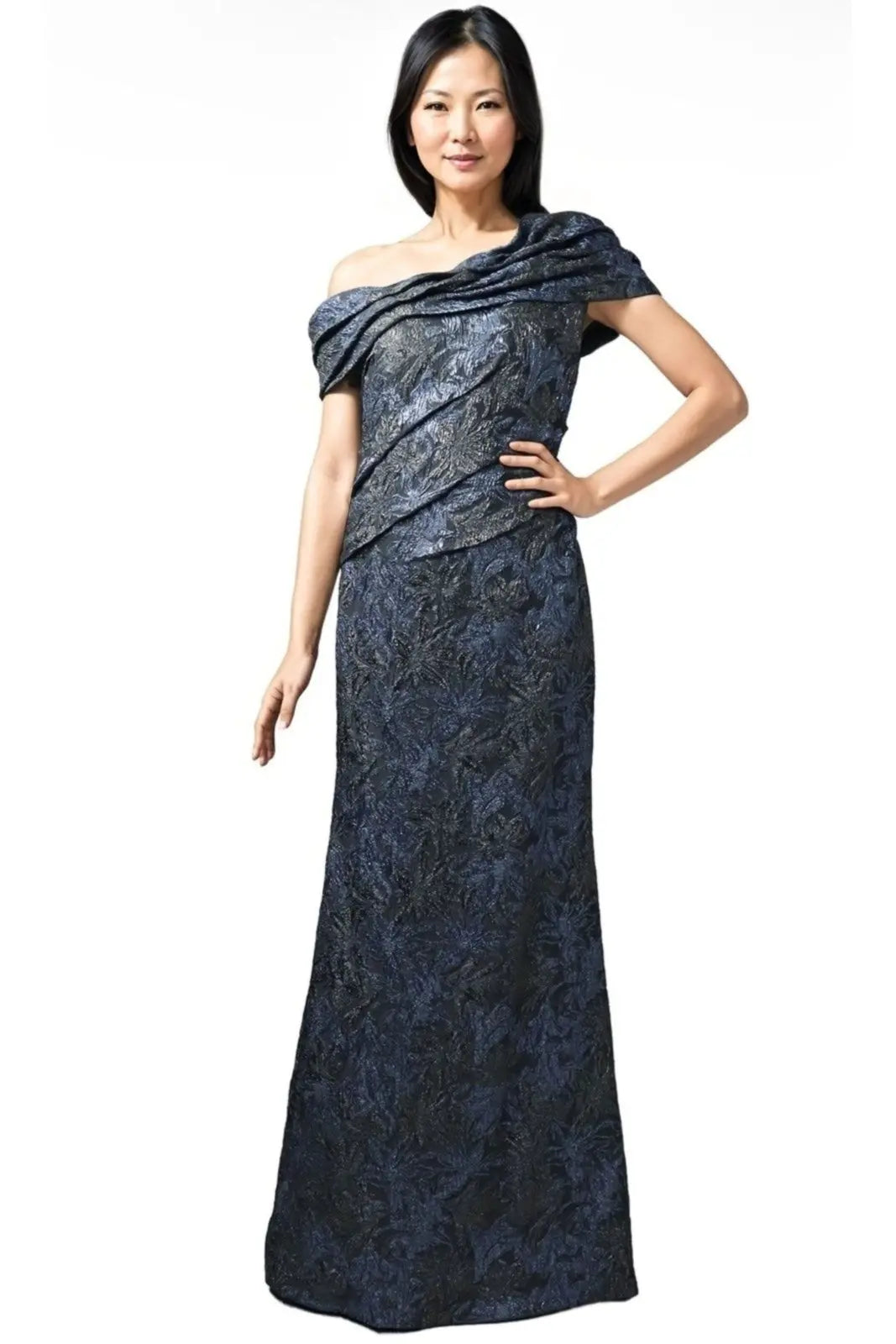 Asymmetrical Off The Shoulder Jacquard Gown Gown Rene Ruiz Collection