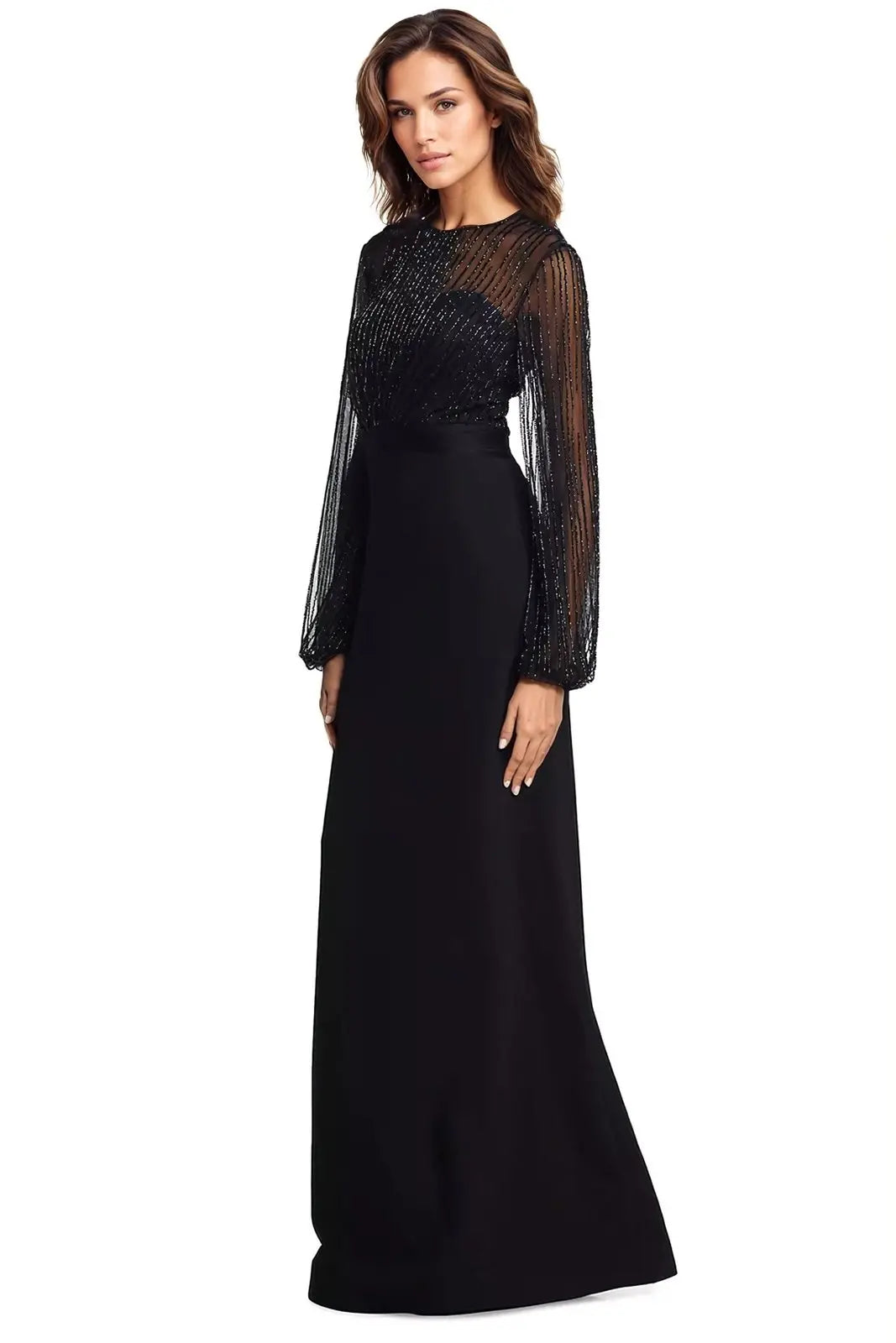 Beaded Illusion Fit & Flare Gown Gown Rene Ruiz Collection