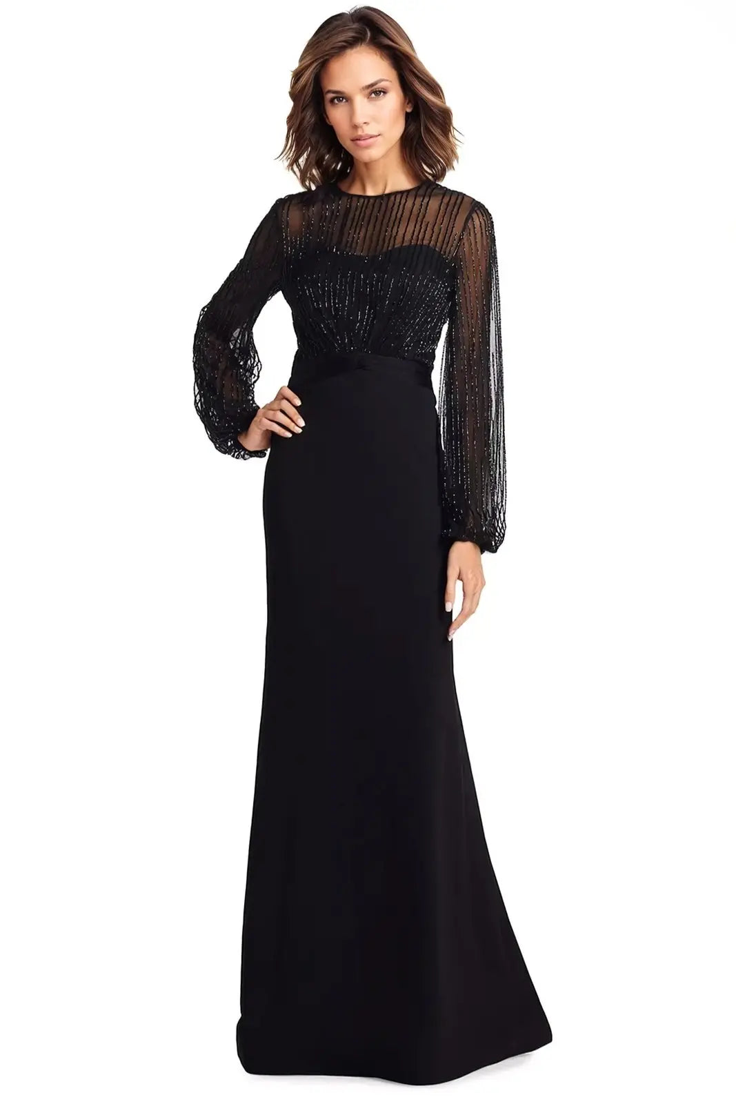 Beaded Illusion Fit & Flare Gown - 10 / Black Beaded Illusion Fit & Flare Gown - 10 / Black