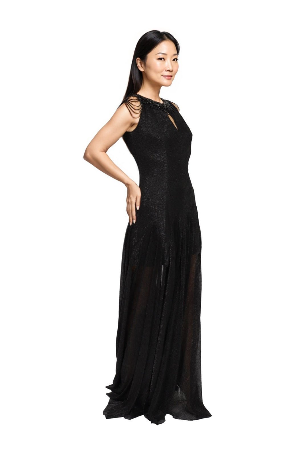 Beaded Shoulder Bias Cut Gown