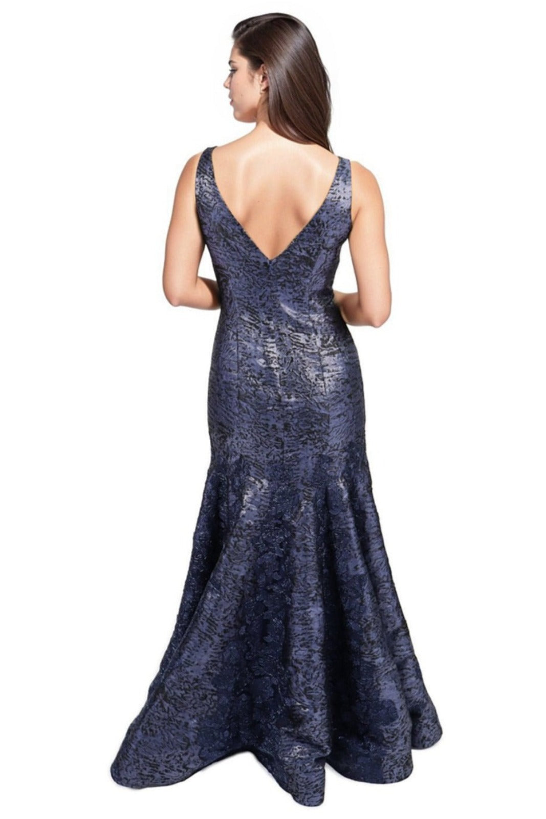 V Neck Brocade Lace Gown Gown Rene Ruiz Collection