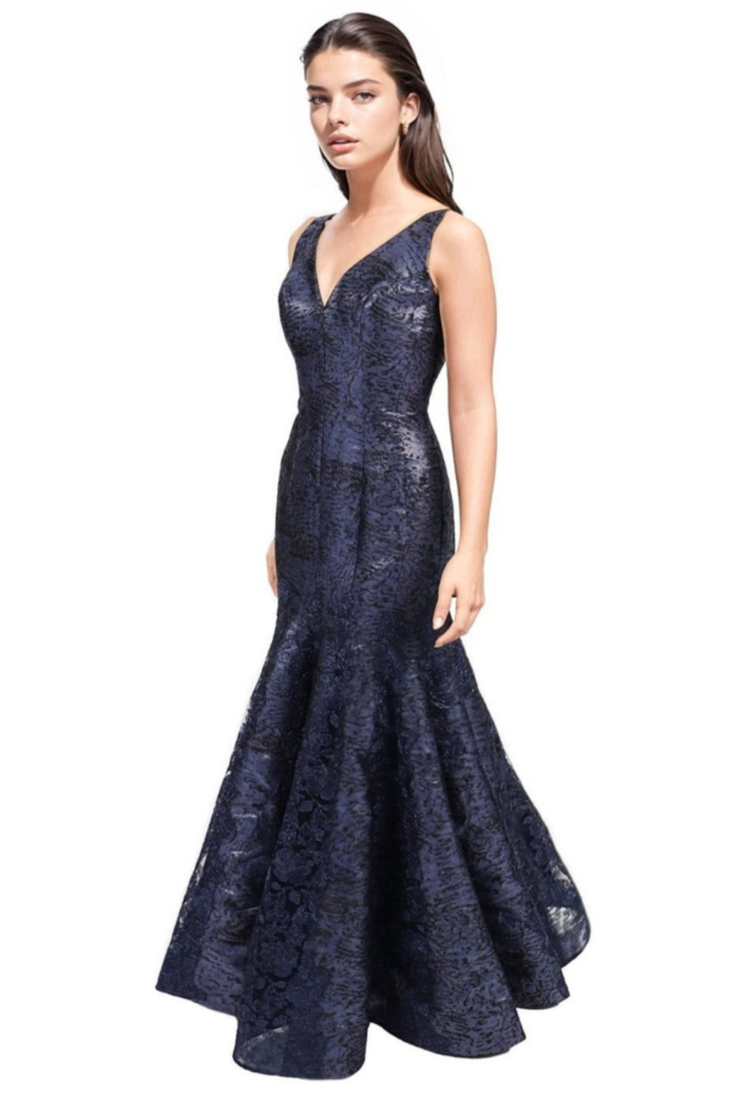 V Neck Brocade Lace Gown Gown Rene Ruiz Collection