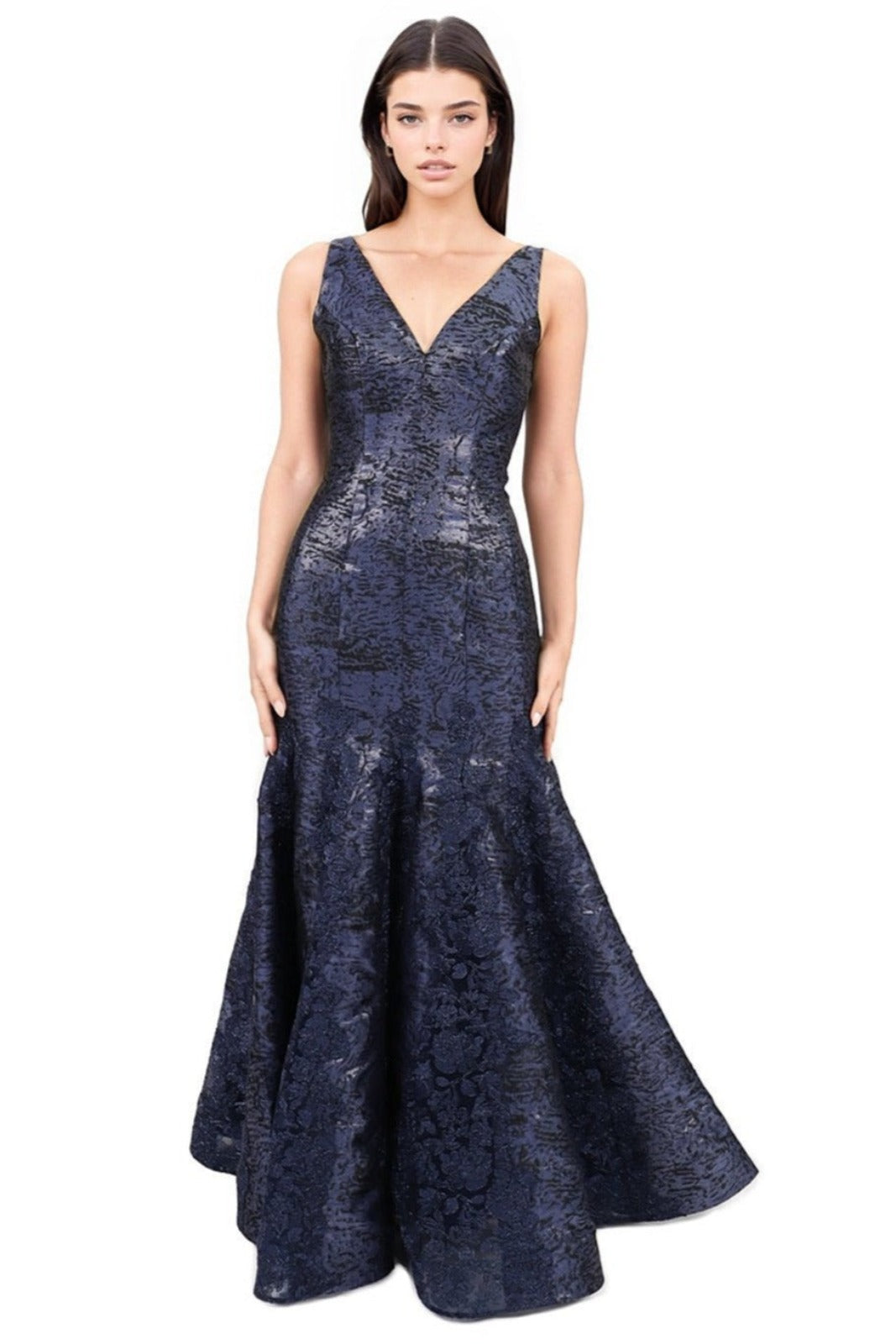 V Neck Brocade Lace Gown Gown Rene Ruiz Collection