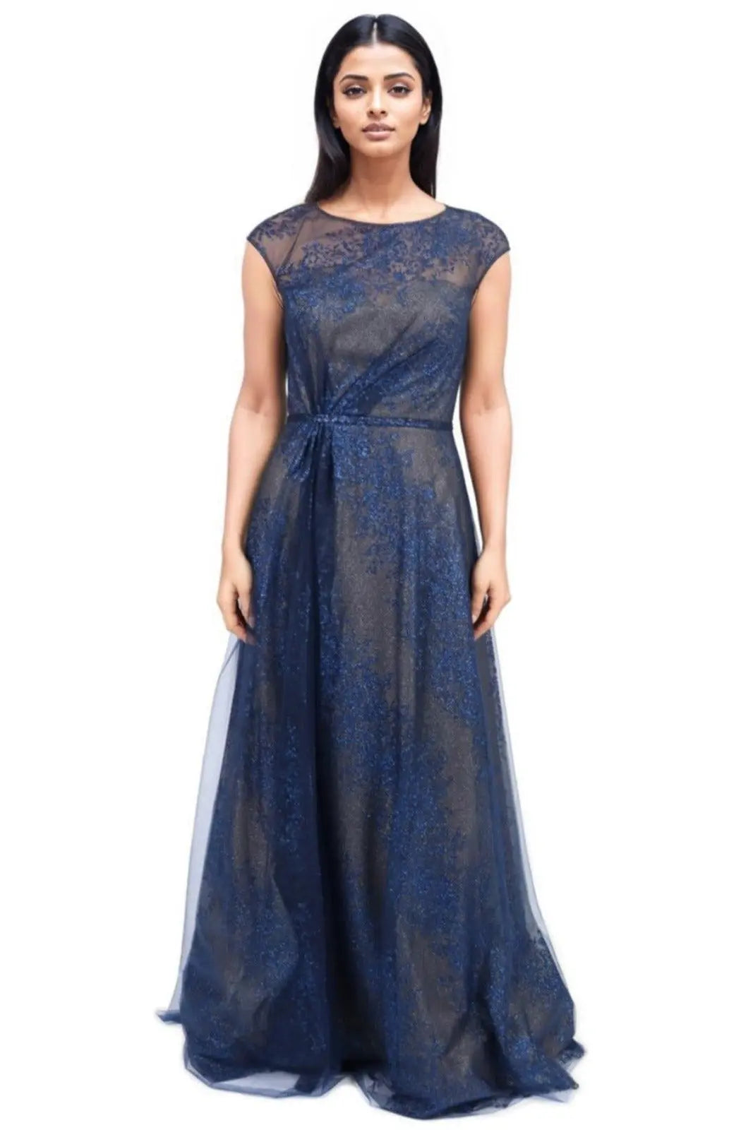 Cap Sleeve Illusion Gown Navy