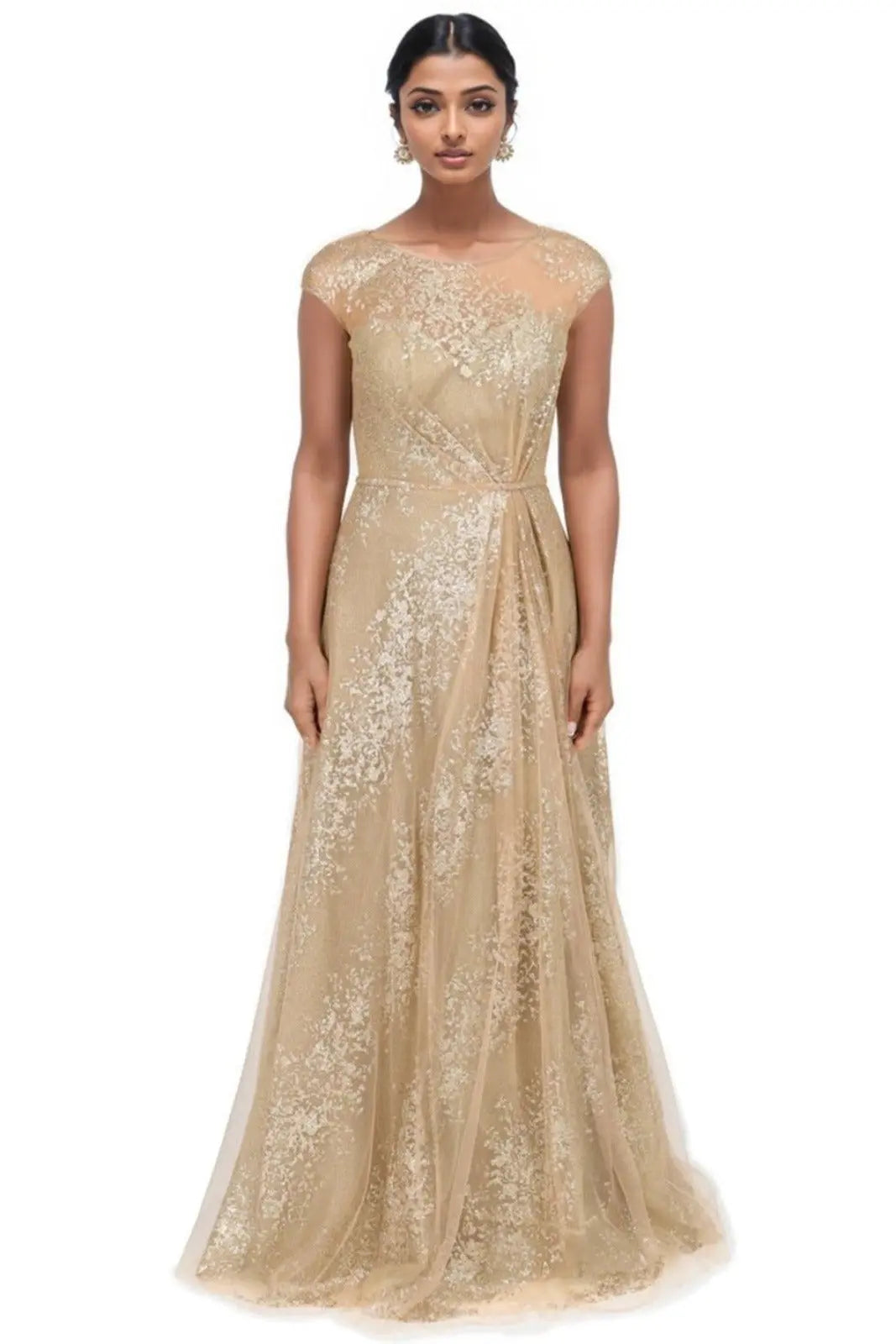 Cap Sleeve Illusion A-Line Gown Gown Rene Ruiz Collection 2 Gold