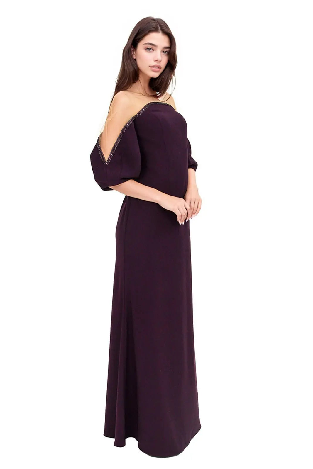 Crepe Column Illusion Gown with Puff Sleeve
