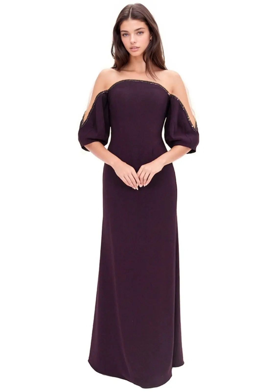 Crepe Column Illusion Gown with Puff Sleeve Gown Rene Ruiz Collection