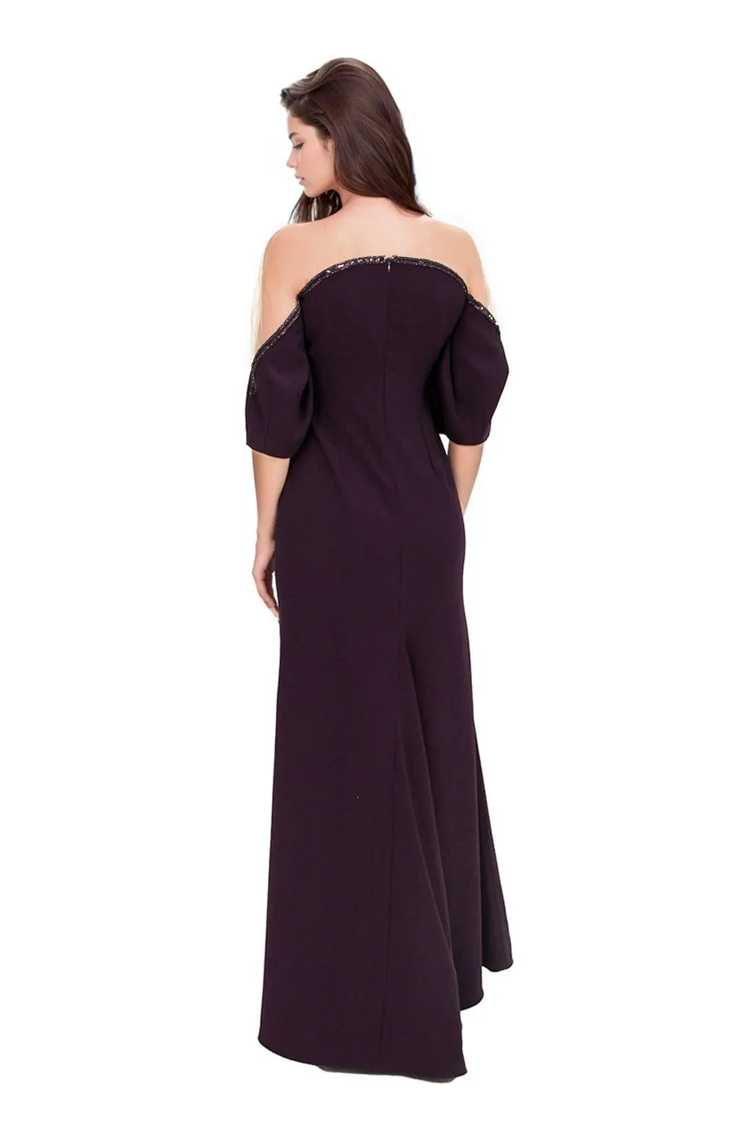 Crepe Column Illusion Gown with Puff Sleeve