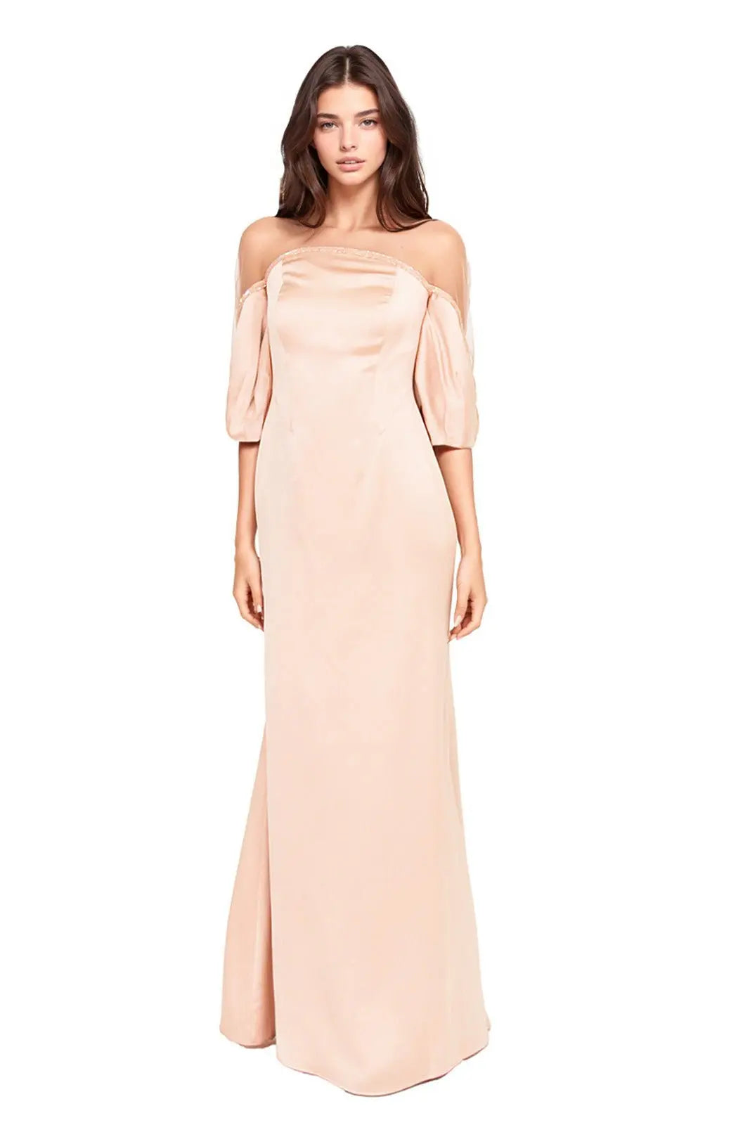 Crepe Column Illusion Gown with Puff Sleeve Champagne