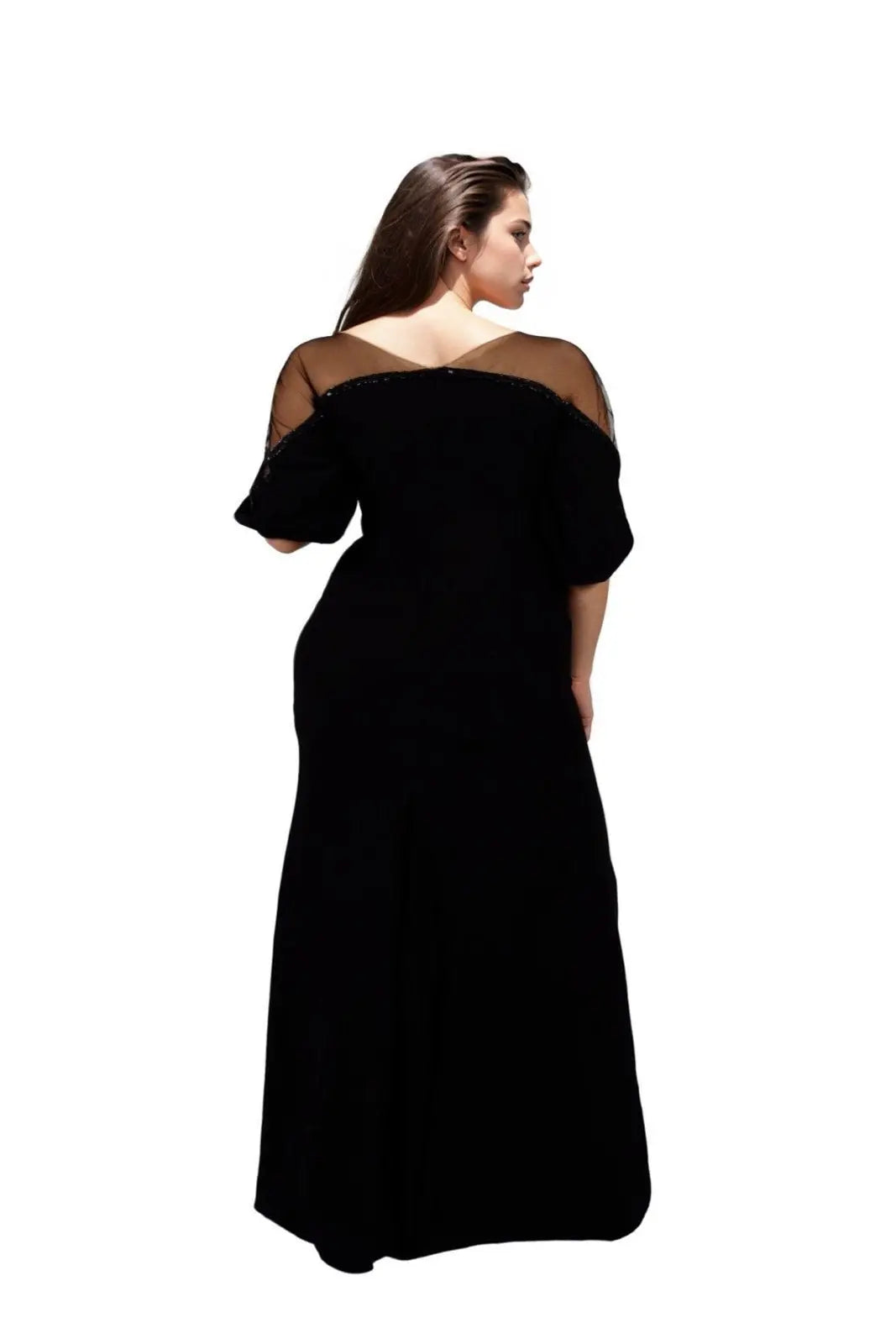 Crepe Column Illusion Gown with Puff Sleeve