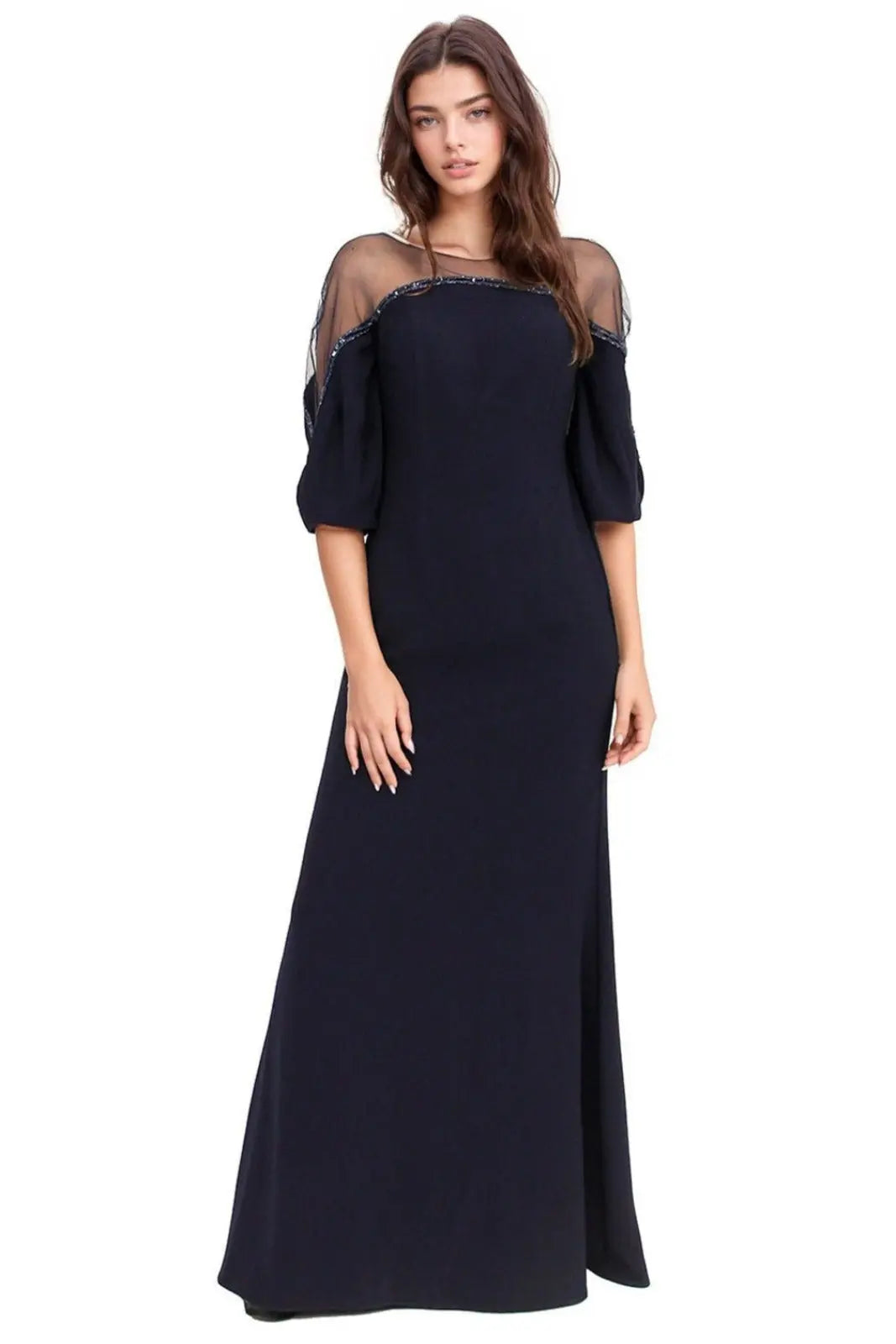 Crepe Column Illusion Gown with Puff Sleeve Navy