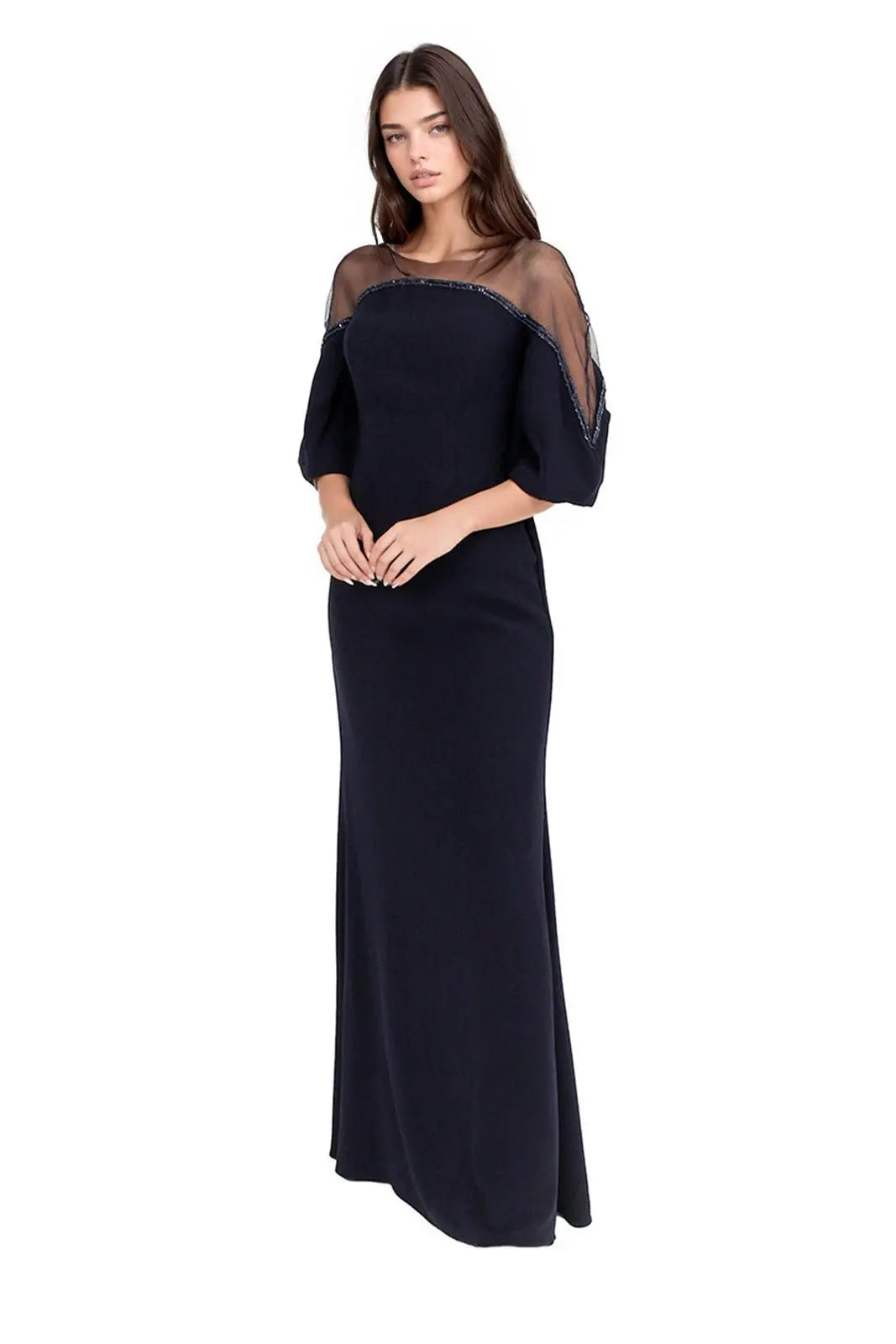 Crepe Column Illusion Gown with Puff Sleeve