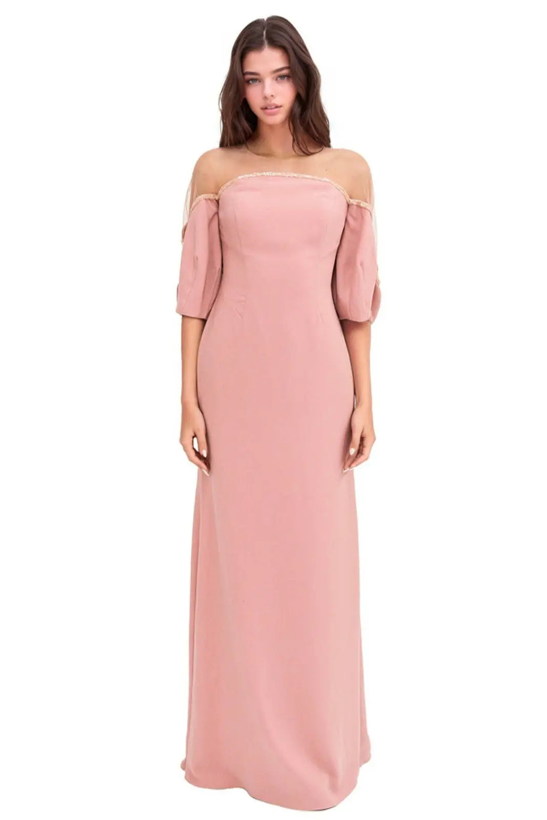 Crepe Column Illusion Gown with Puff Sleeve Blush