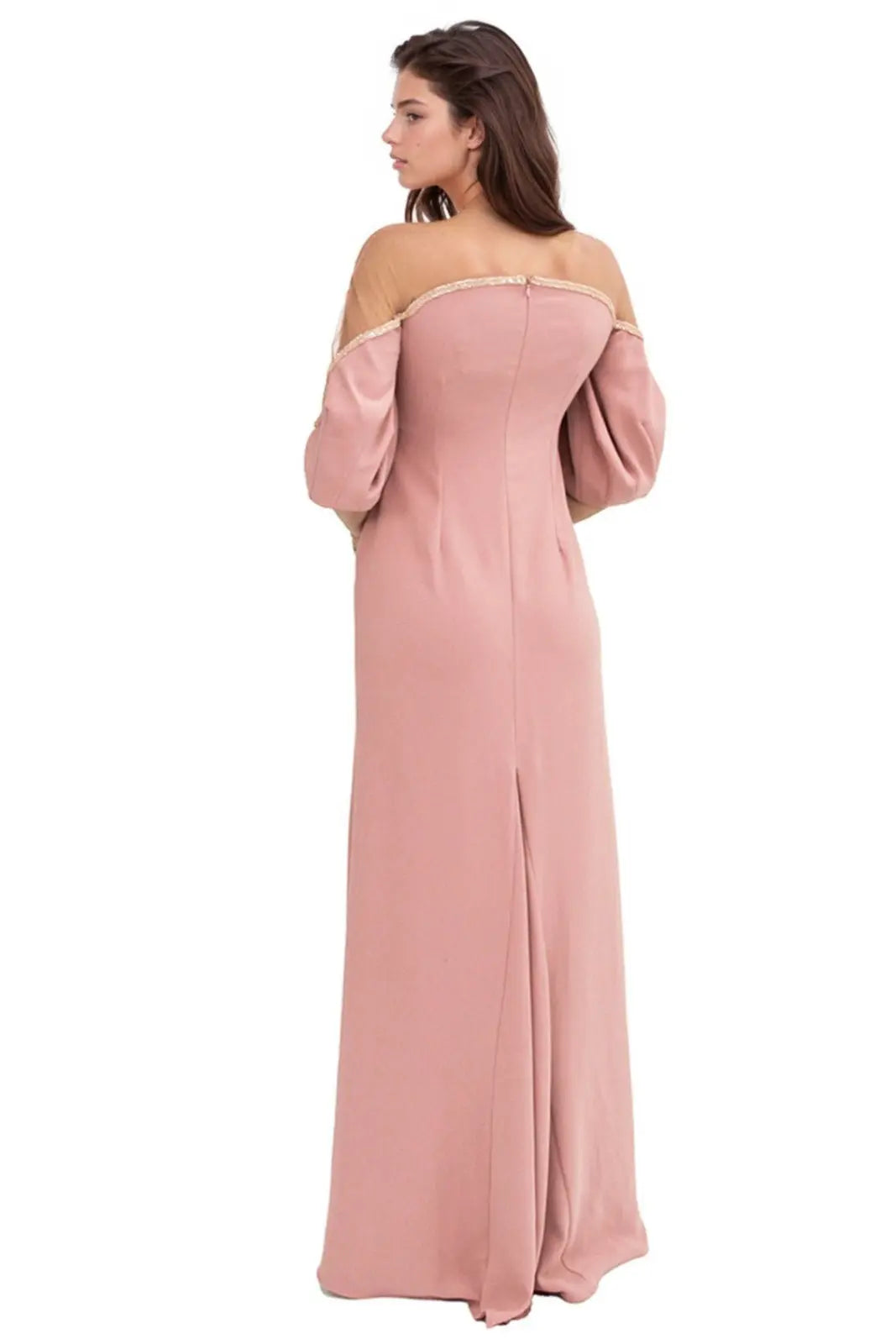Crepe Column Illusion Gown with Puff Sleeve